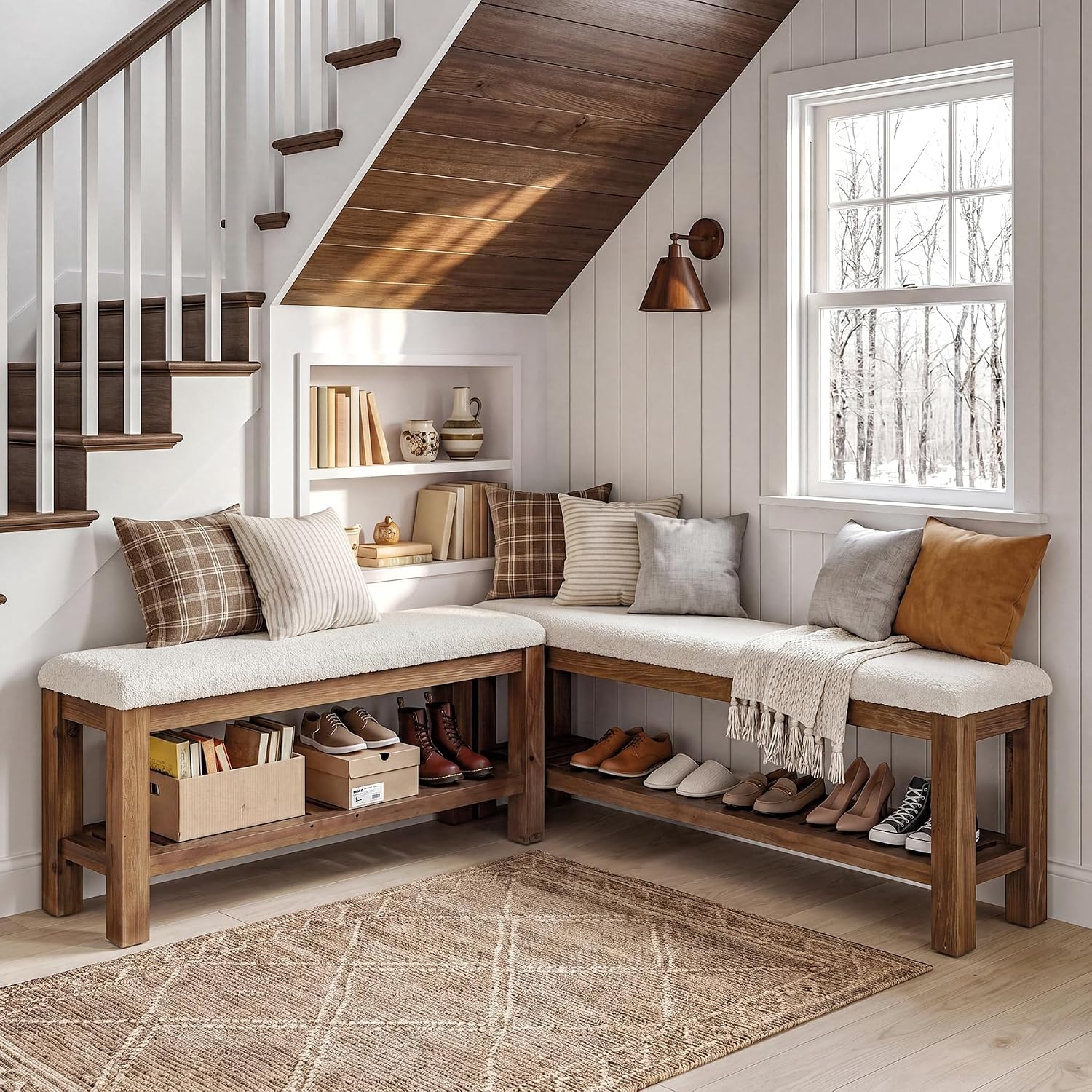 White Brown Solid Wood L Shaped Storage Bench Set