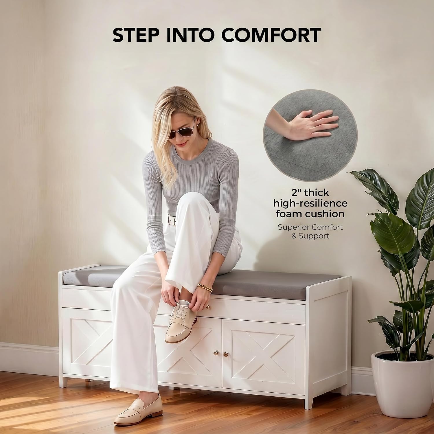 White Farmhouse Shoe Storage Bench With Cushion