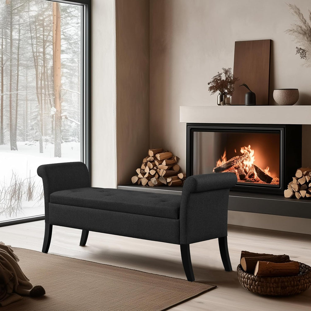 Black Upholstered Storage Ottoman Bench With Safety Hinge
