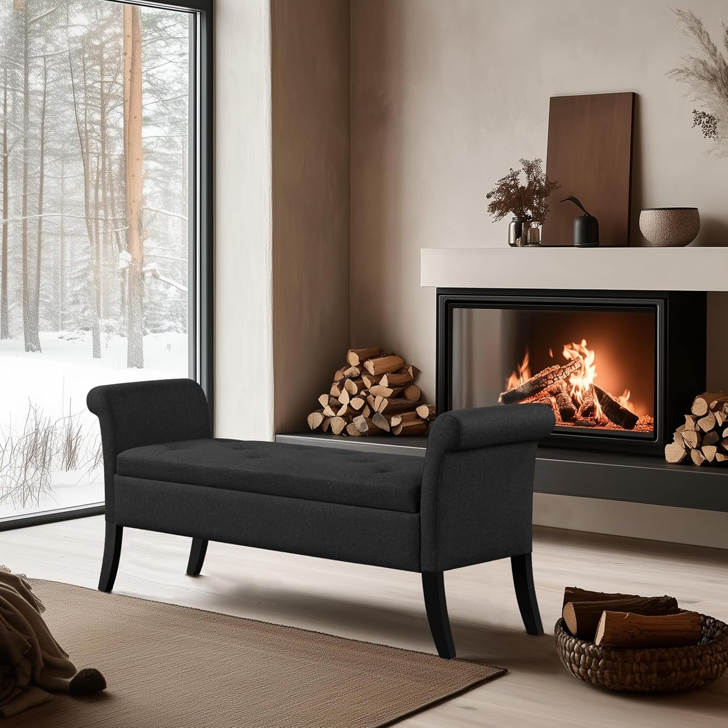 Black Upholstered Storage Ottoman Bench With Safety Hinge