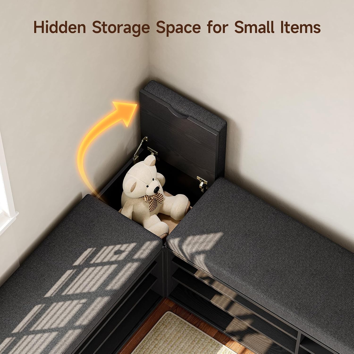 Black L Shaped Storage Nook Bench With Cushion