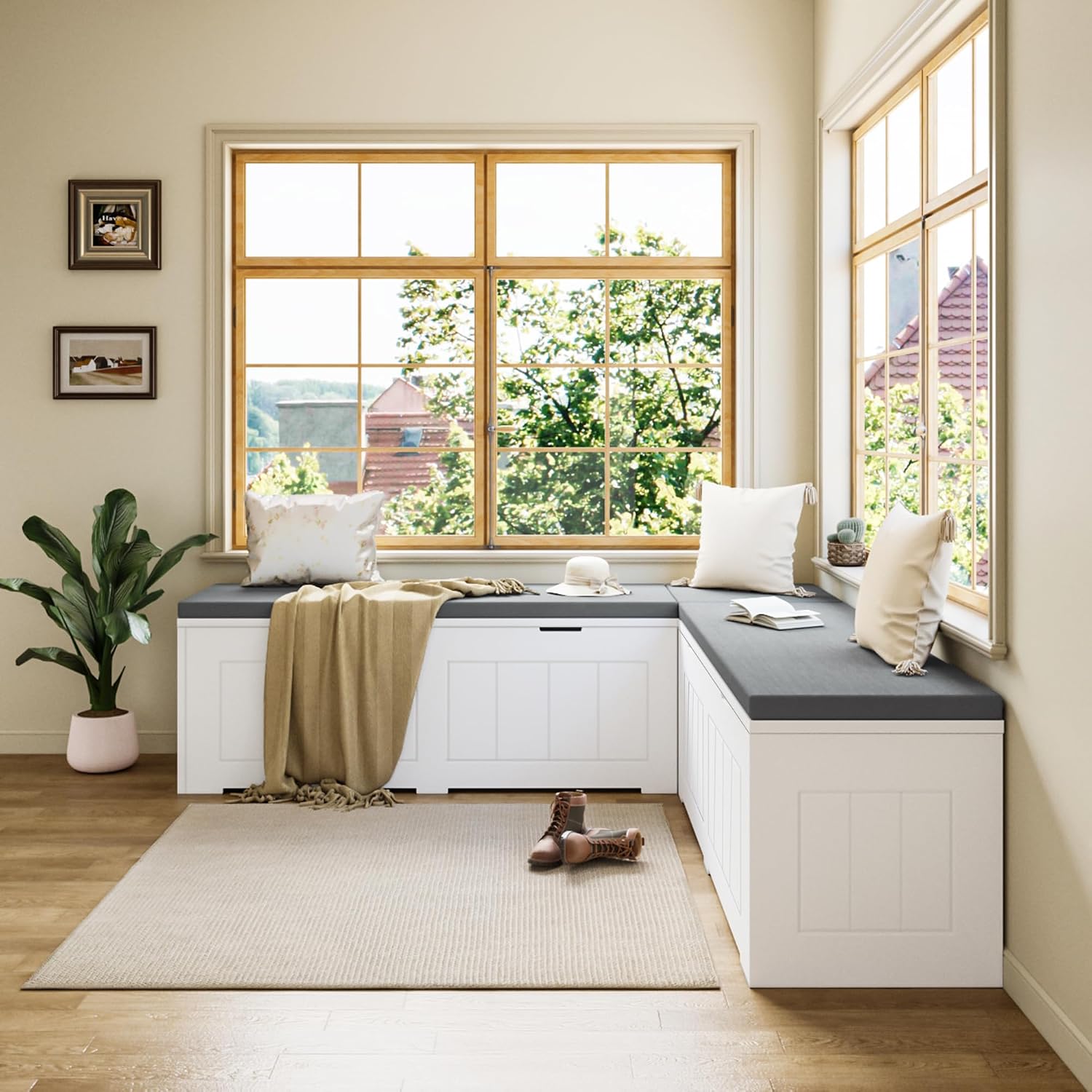 White Grey L Shaped Storage Bench With Cushion