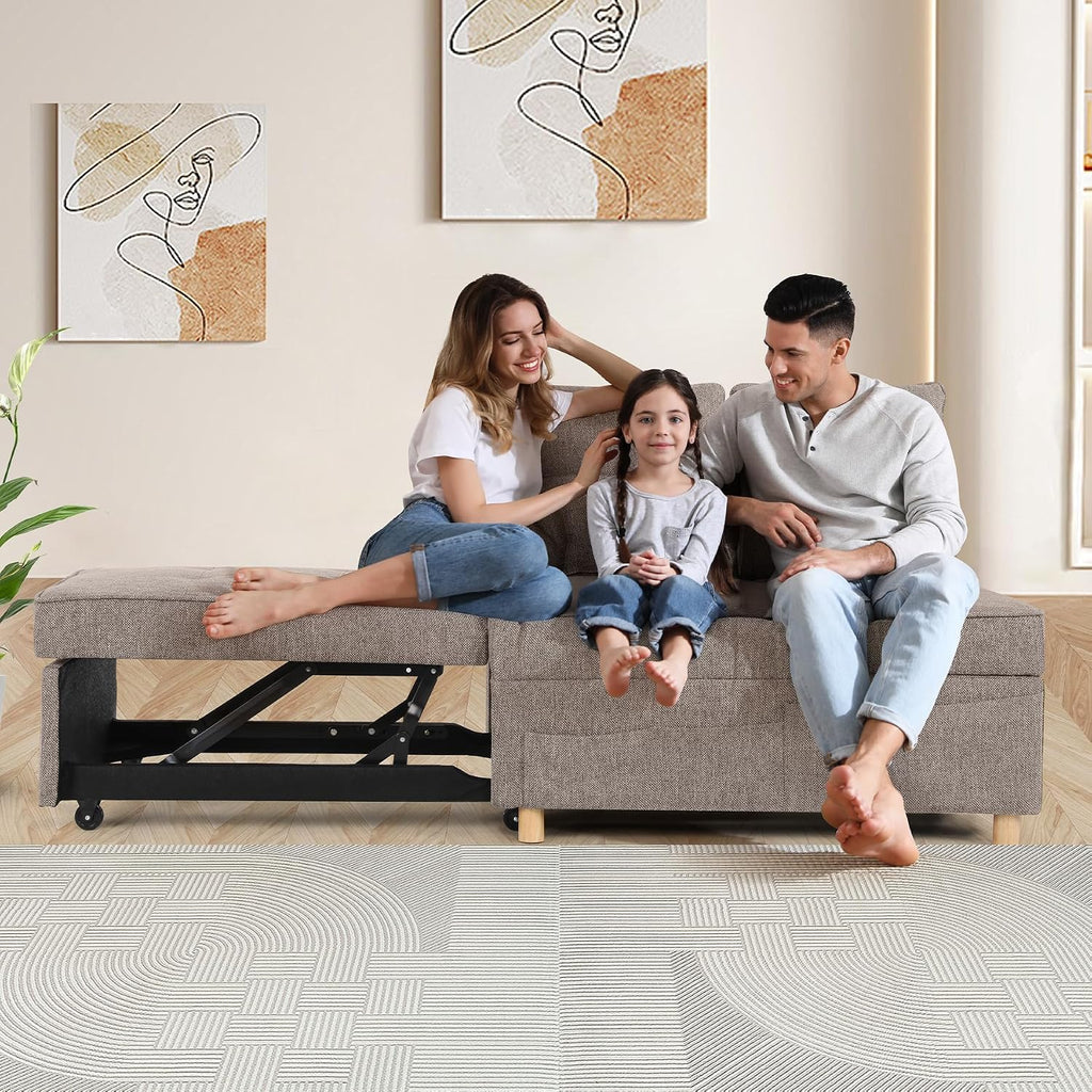 Brown Grey Linen 4-in-1 Convertible Sofa