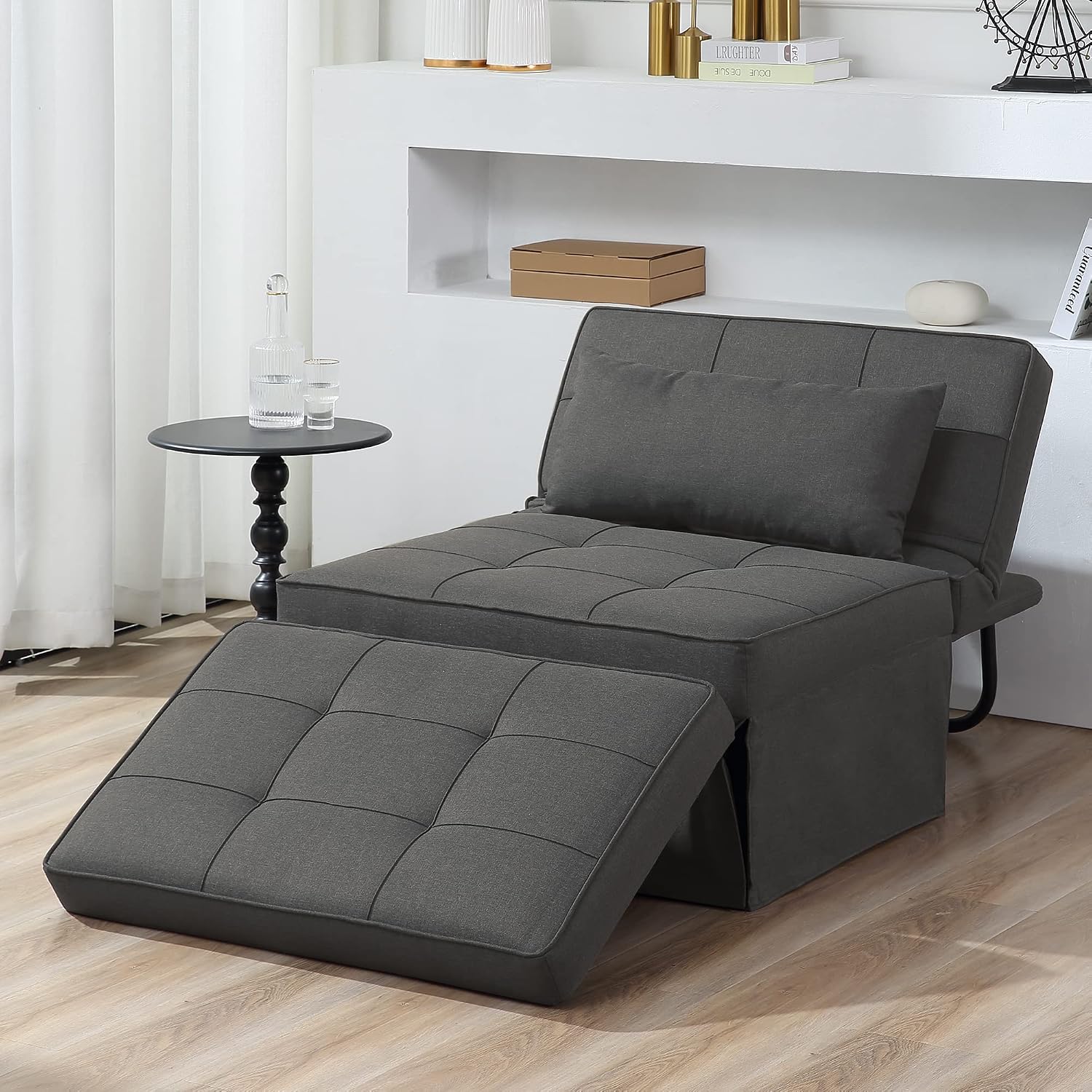 Dark Grey Linen 4-in-1 Sofa Bed Ottoman
