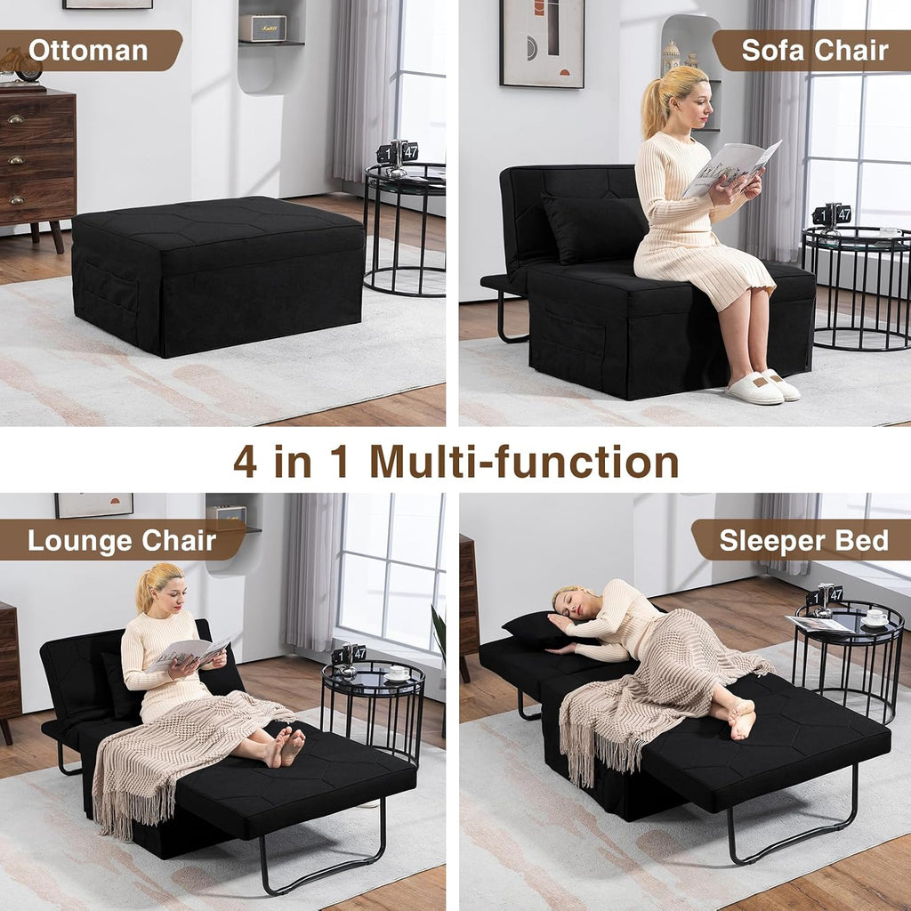 Black Linen 4-in-1 Sofa Bed Ottoman