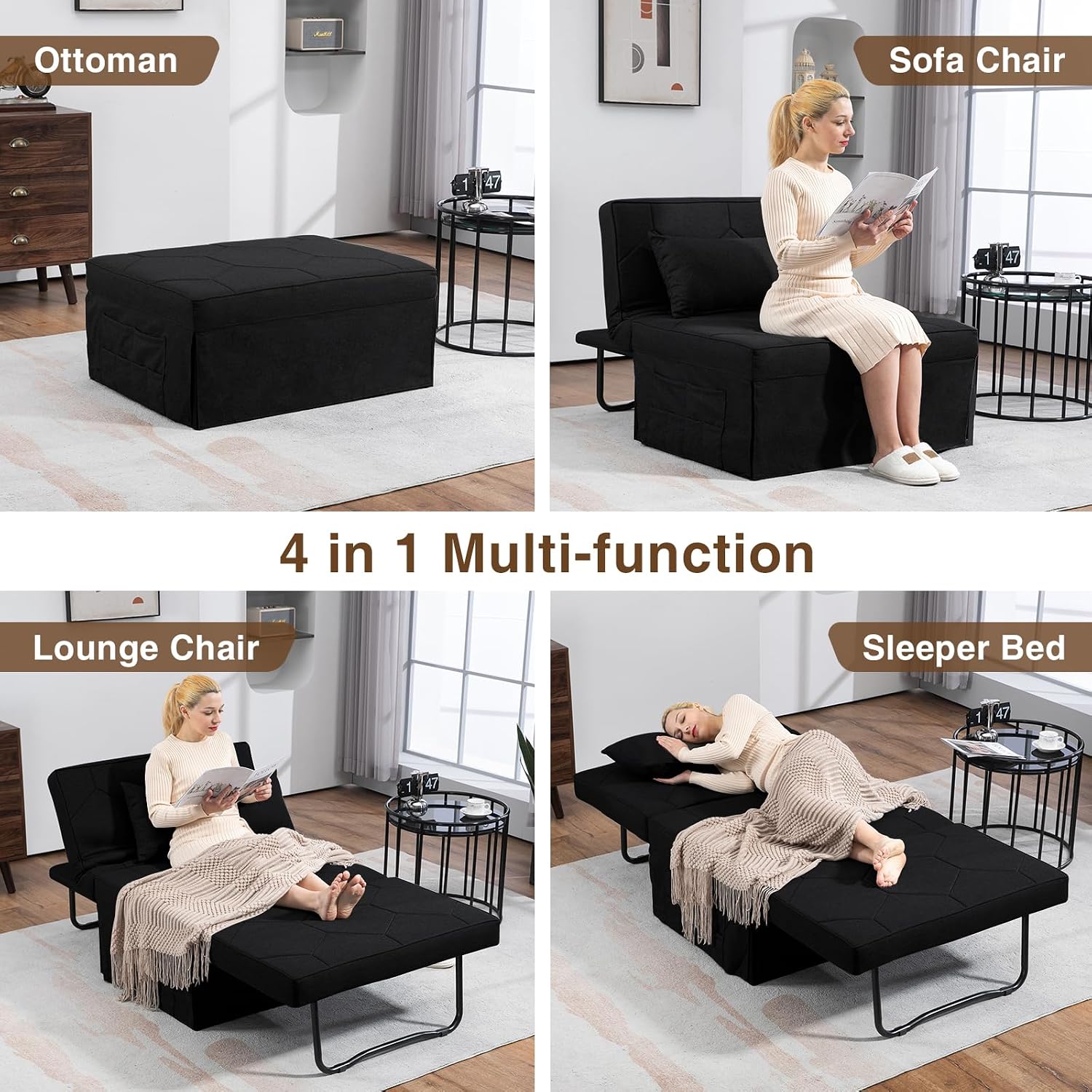 Black Linen 4-in-1 Sofa Bed Ottoman