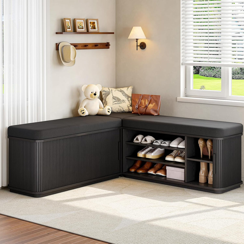 Black L Shaped Storage Nook Bench With Cushion