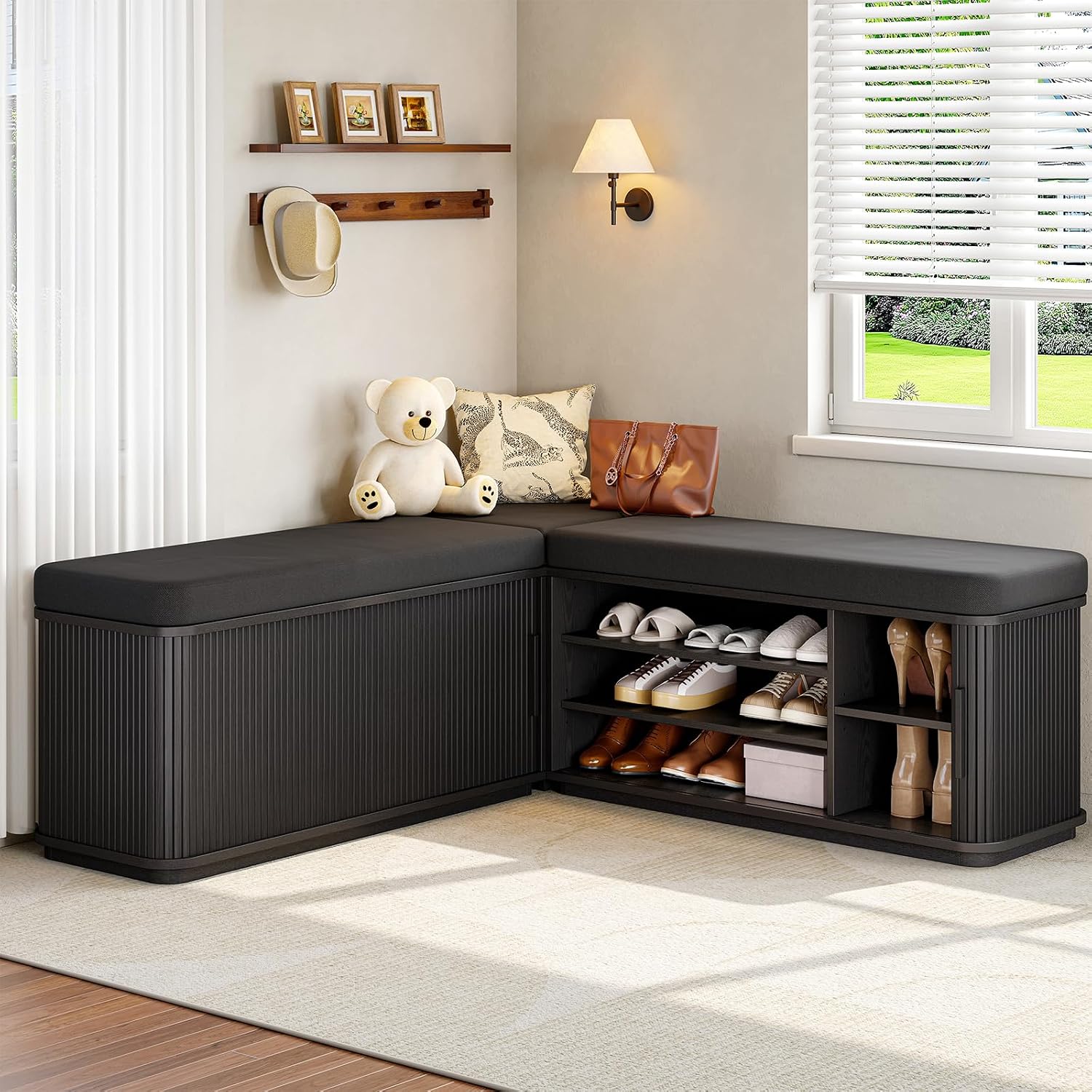 Black L Shaped Storage Nook Bench With Cushion
