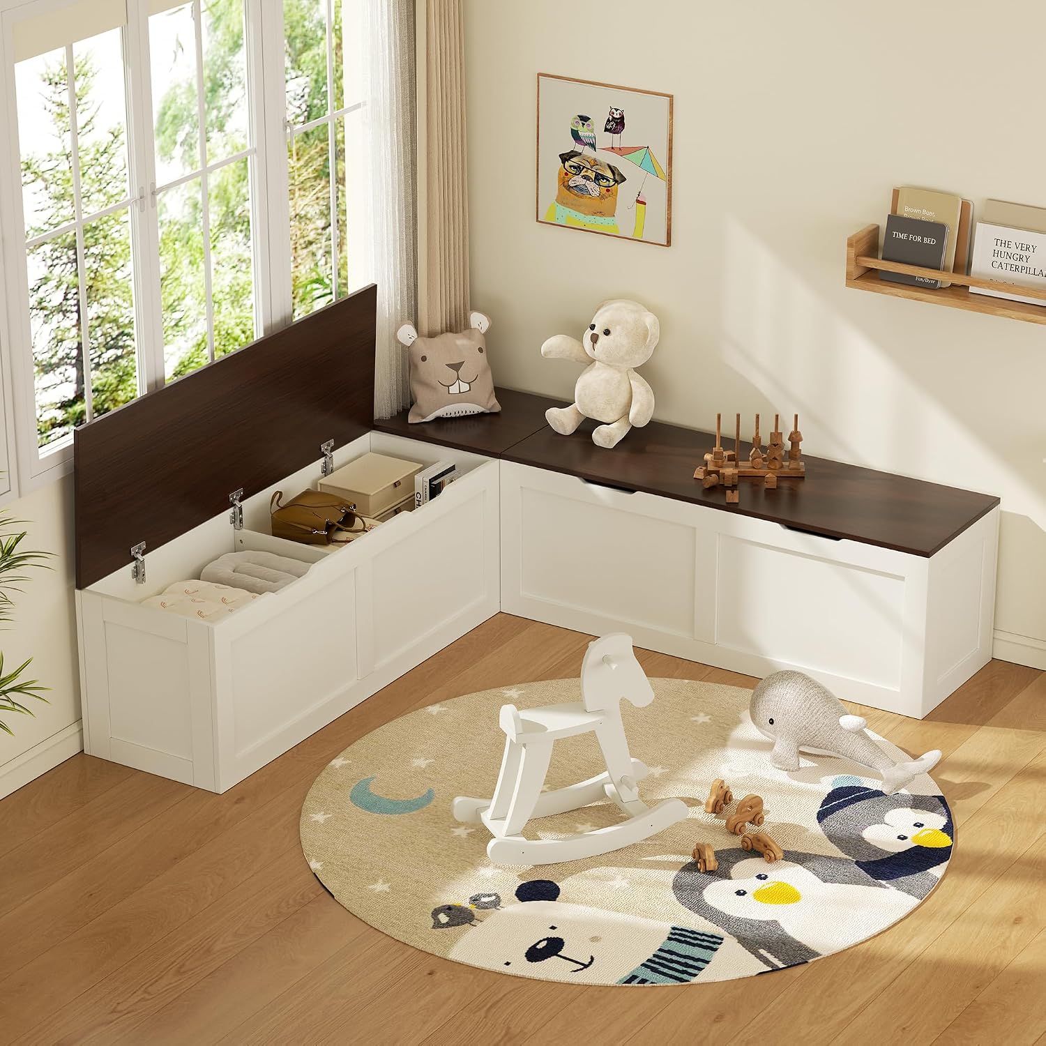 Walnut White L Shaped Storage Breakfast Nook Bench