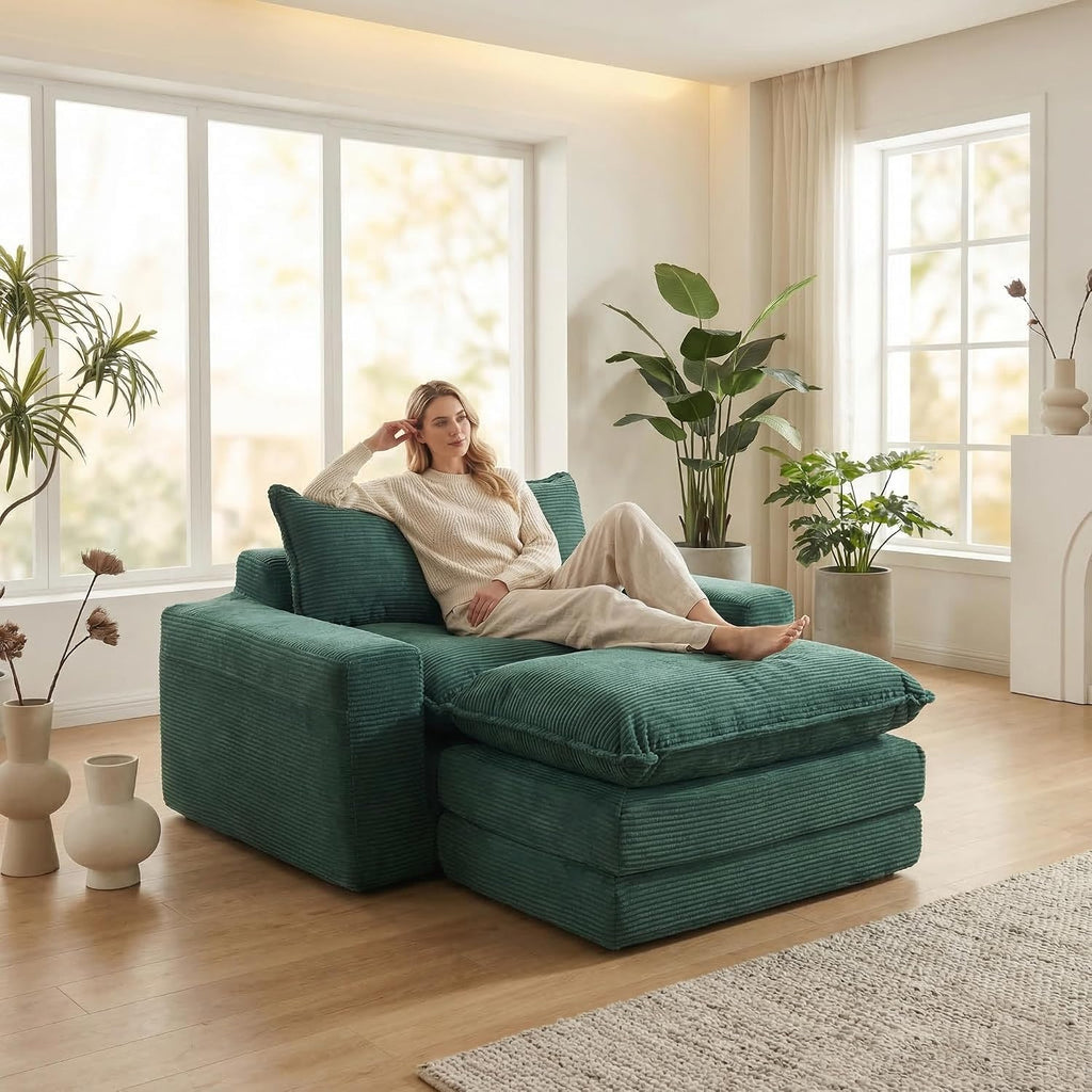 Green Corduroy 3-in-1 Sofa Bed Ottoman
