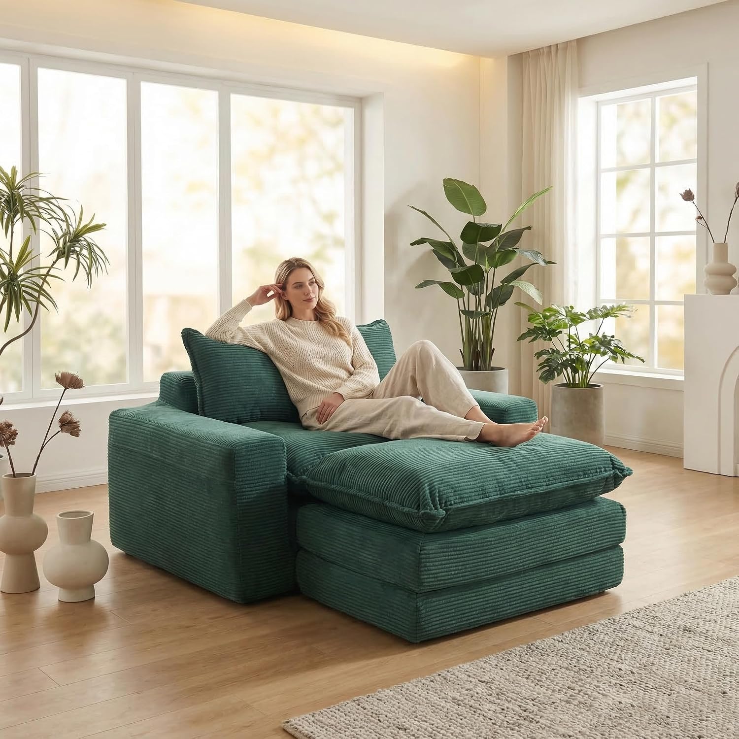 Green Corduroy 3-in-1 Sofa Bed Ottoman