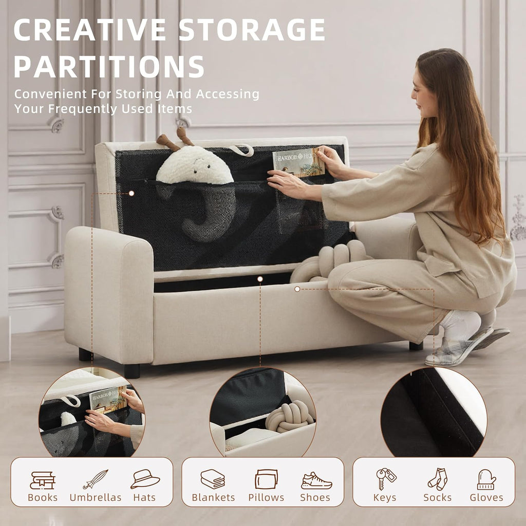 Beige Tufted Storage Ottoman Bench With Arm