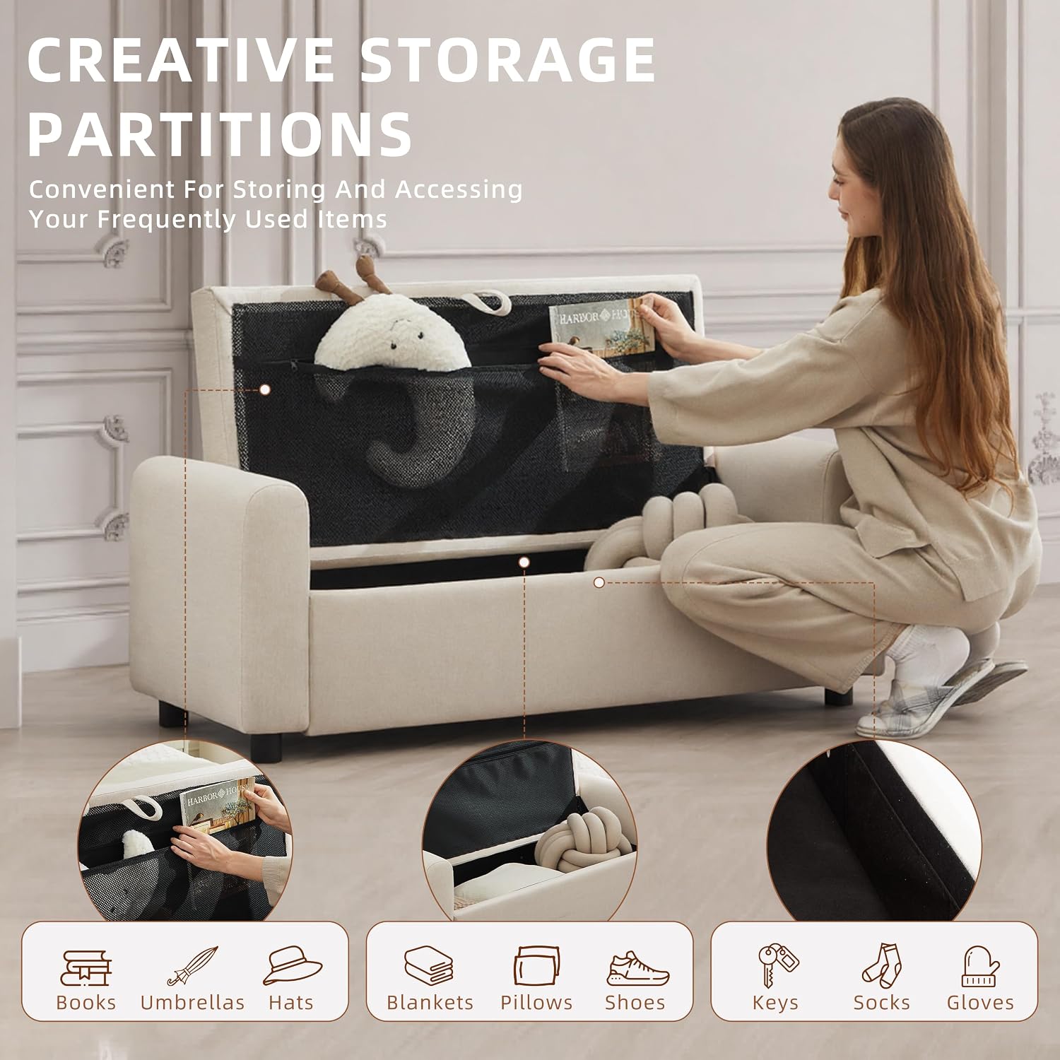 Beige Tufted Storage Ottoman Bench With Arm