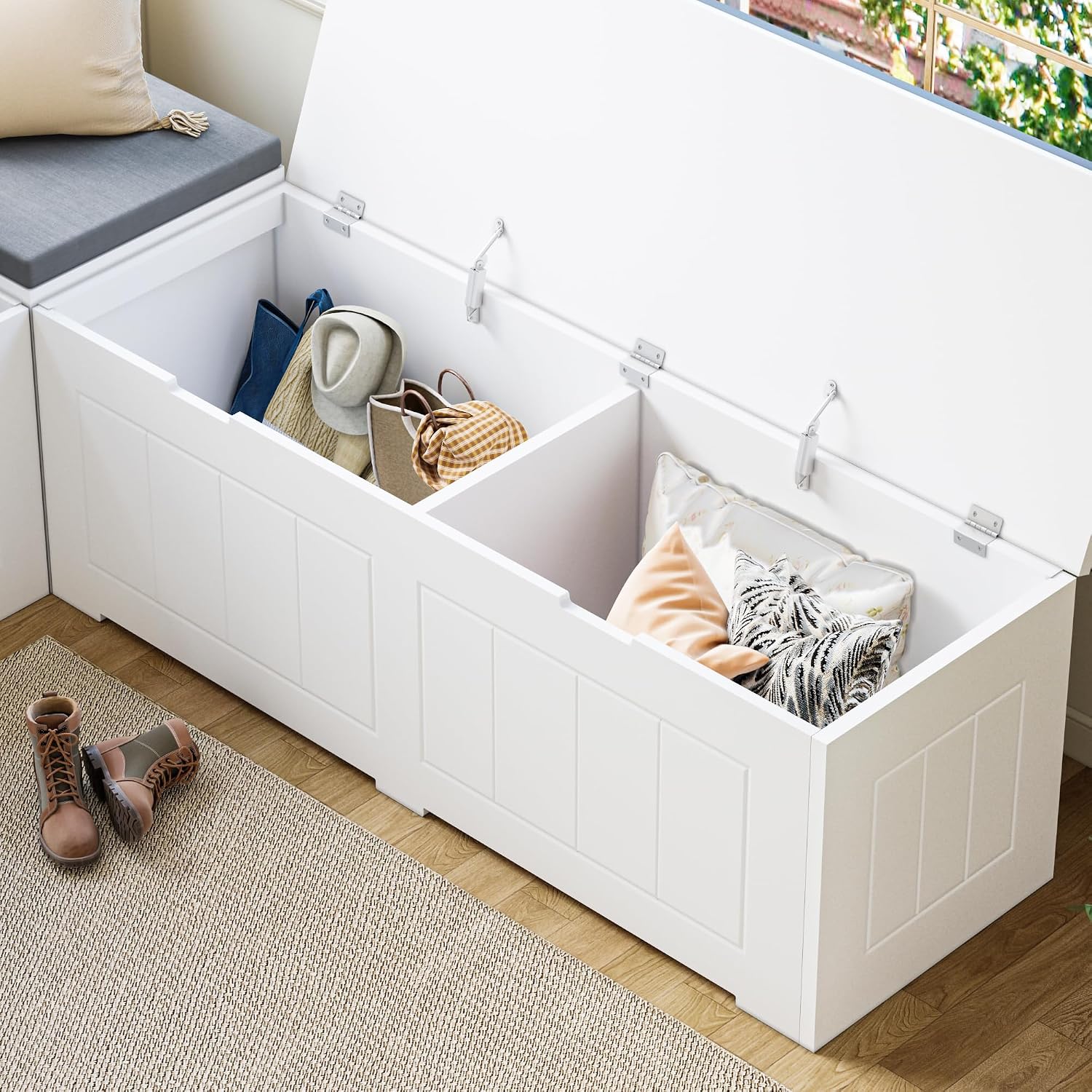 White Grey L Shaped Storage Bench With Cushion