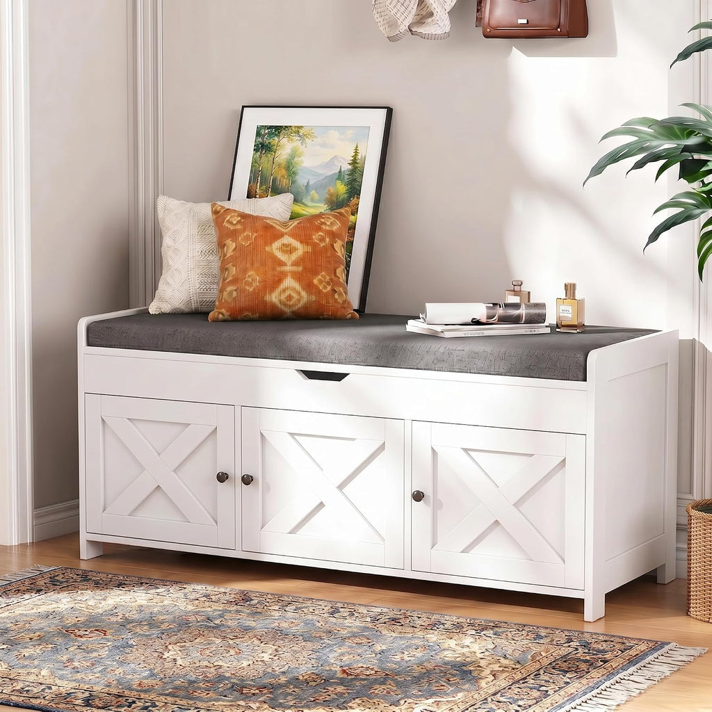 White Farmhouse Shoe Storage Bench With Cushion