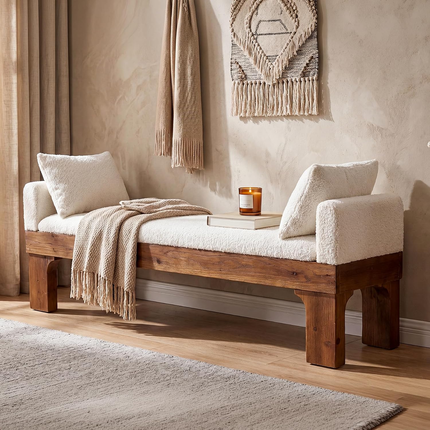 White Boucle Upholstered End of Bed Bench With Pillows