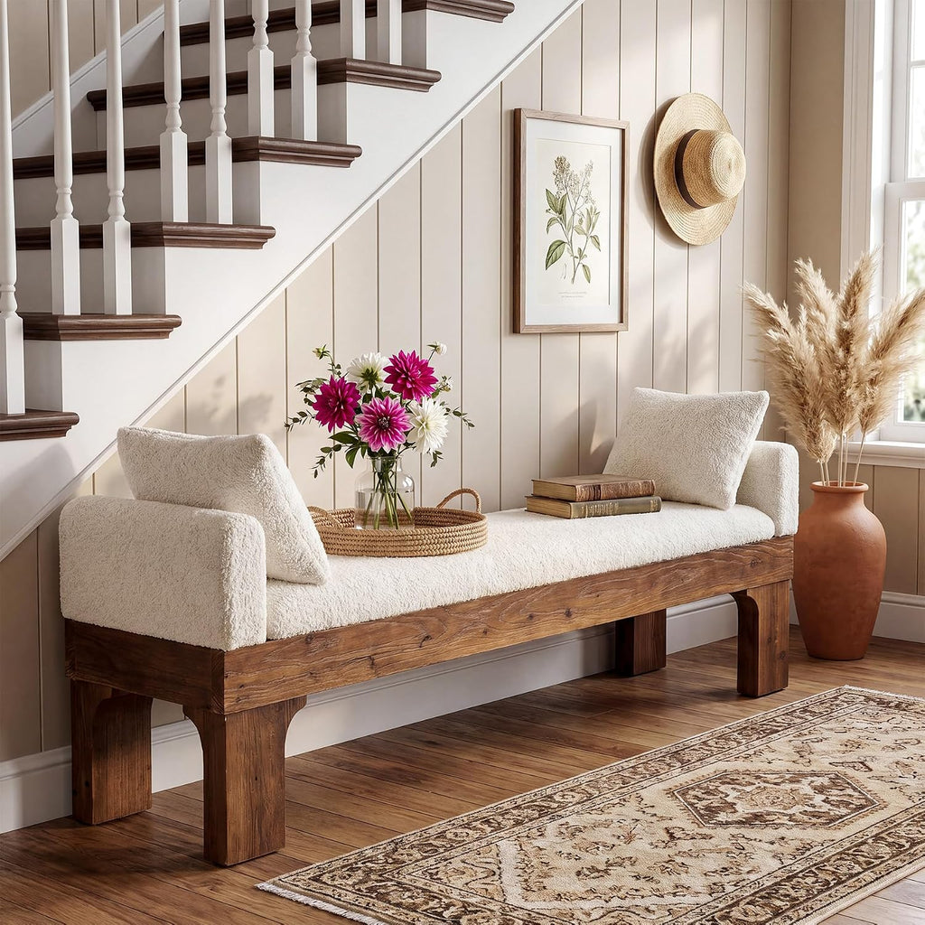 White Boucle Upholstered End of Bed Bench With Pillows