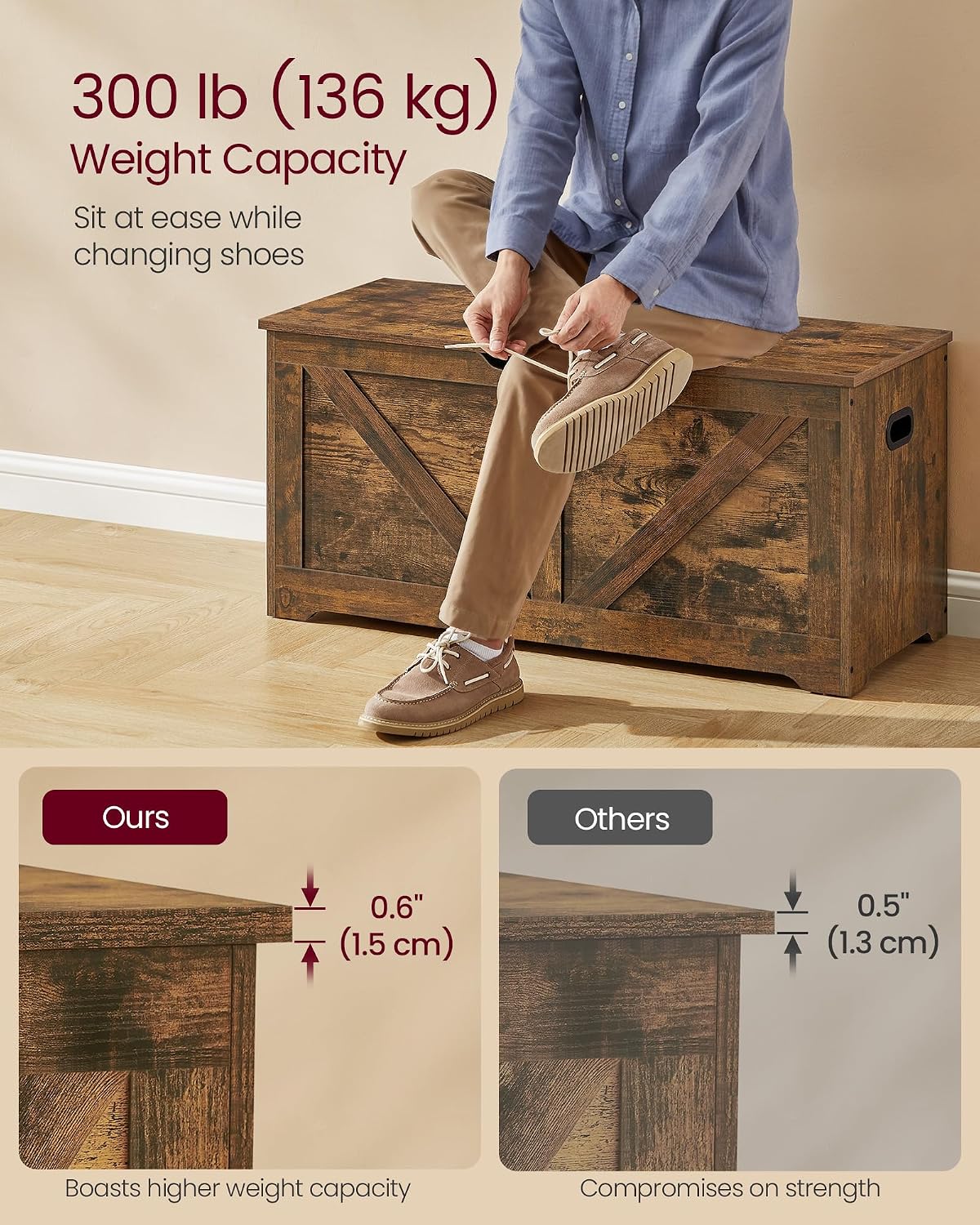Rustic Brown Farmhouse Storage Chest Shoe Bench