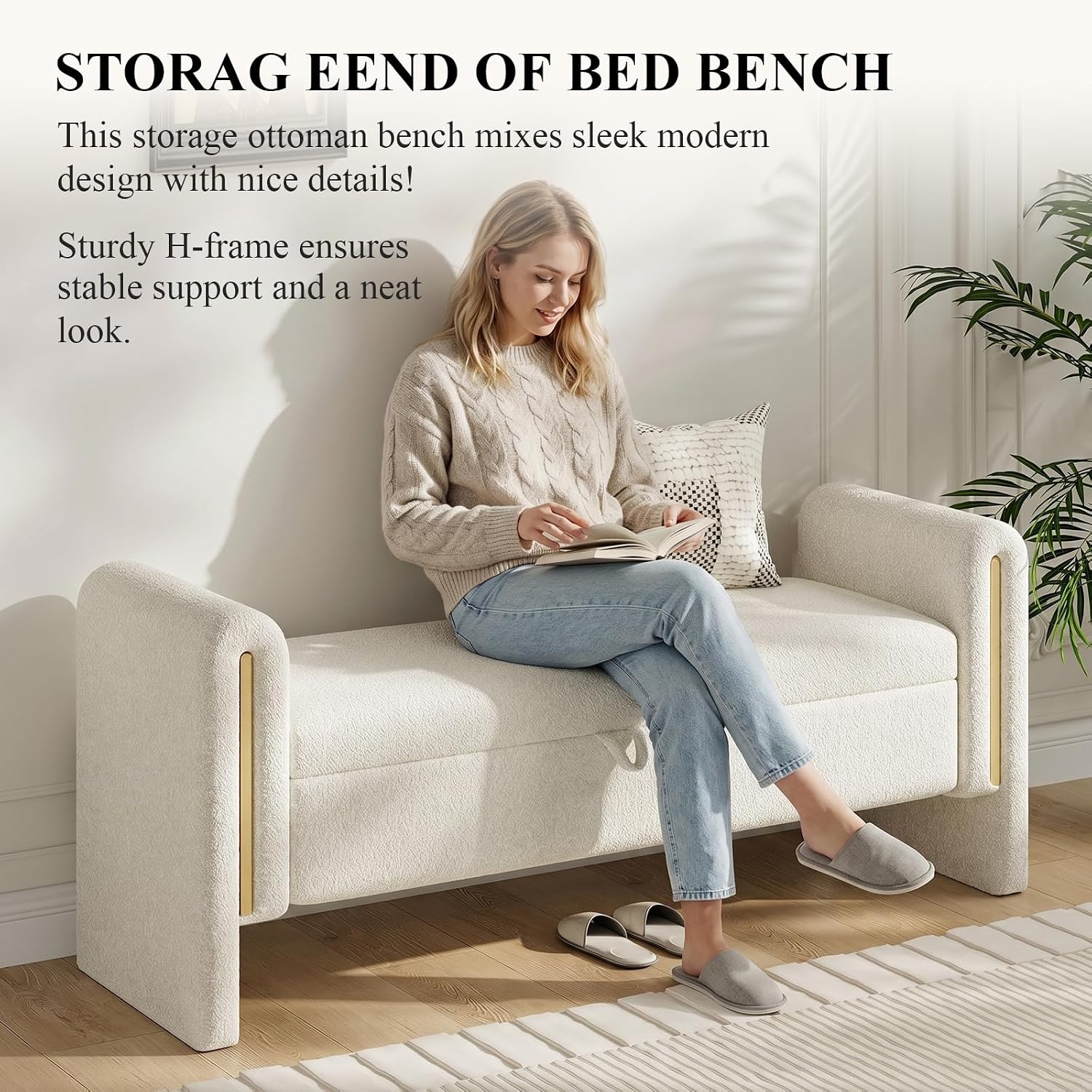 Cream Teddy Storage Ottoman Bench With Armrest