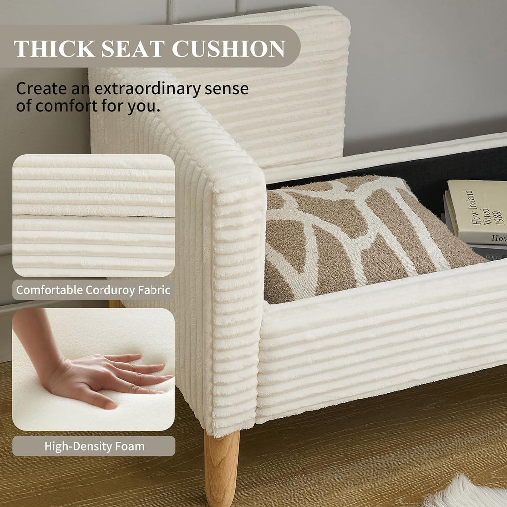 White Corduroy Storage Ottoman Bench With Pillows