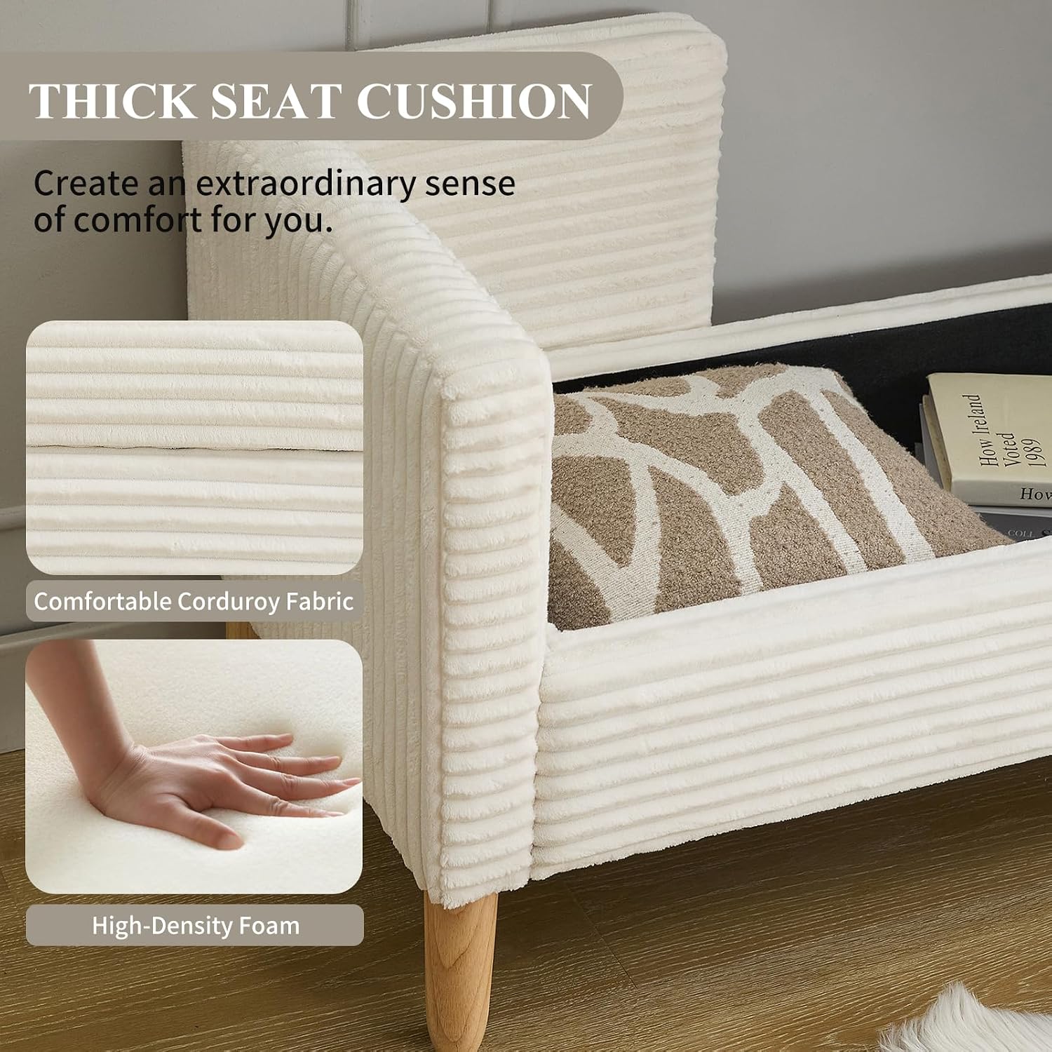 White Corduroy Storage Ottoman Bench With Pillows