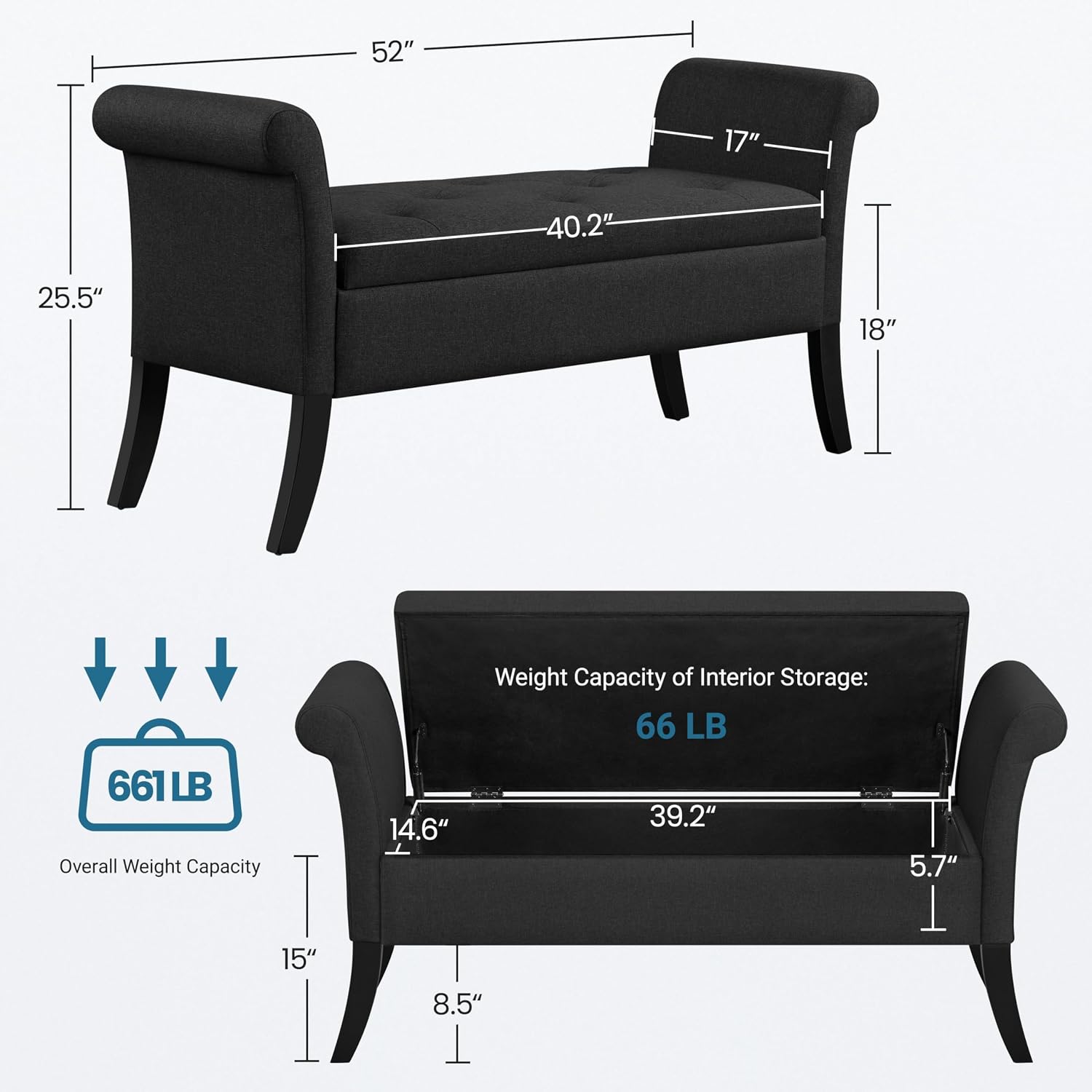 Black Upholstered Storage Ottoman Bench With Safety Hinge