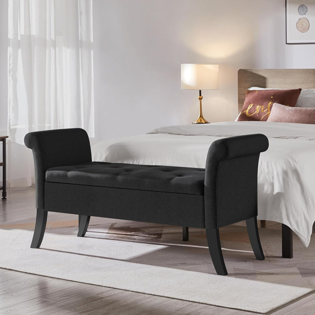 Black Upholstered Storage Ottoman Bench With Safety Hinge