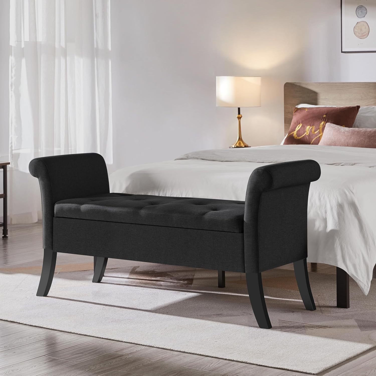Black Upholstered Storage Ottoman Bench With Safety Hinge