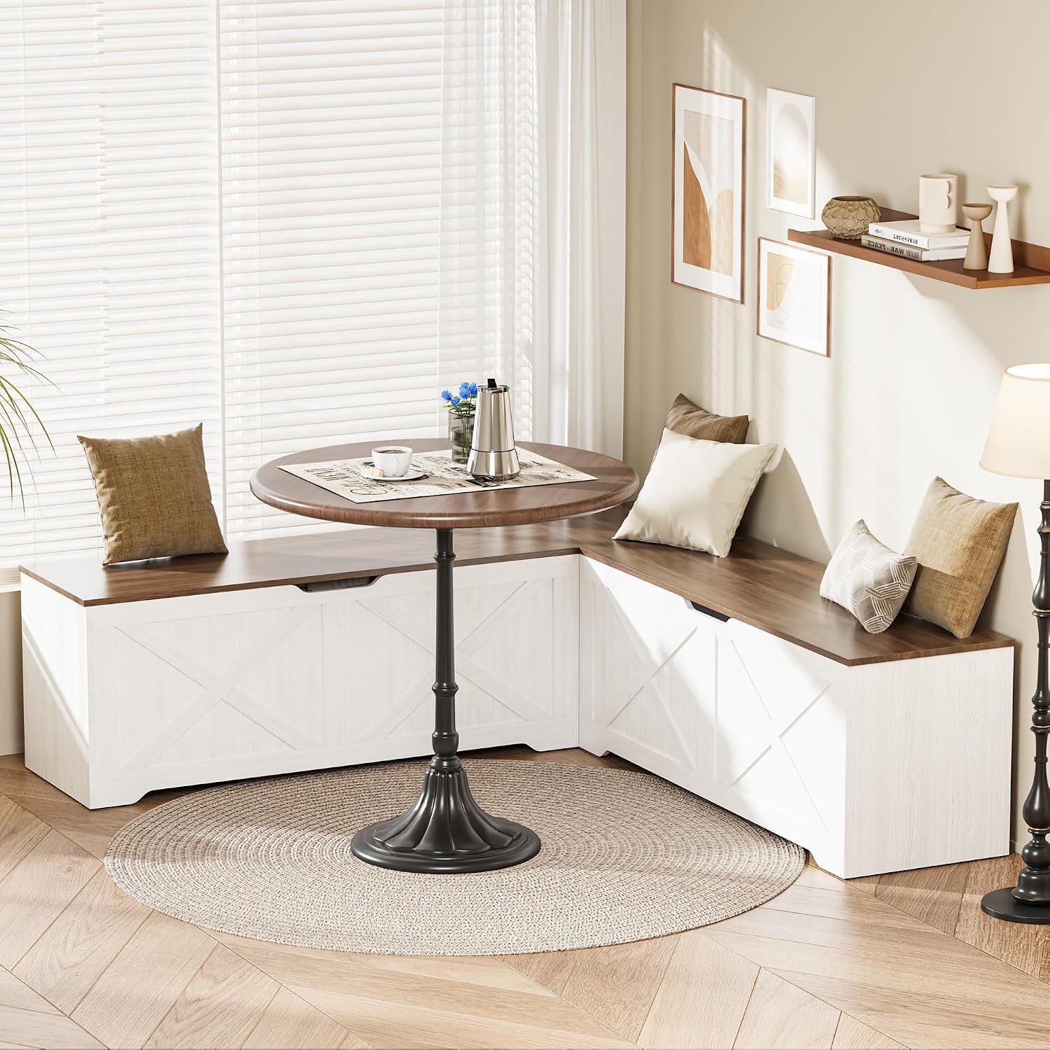 Walnut White L Shaped Storage Breakfast Nook Bench
