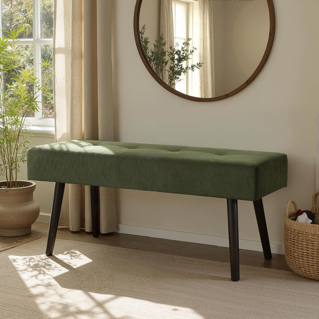 Green Corduroy Padded Entryway Ottoman Bench