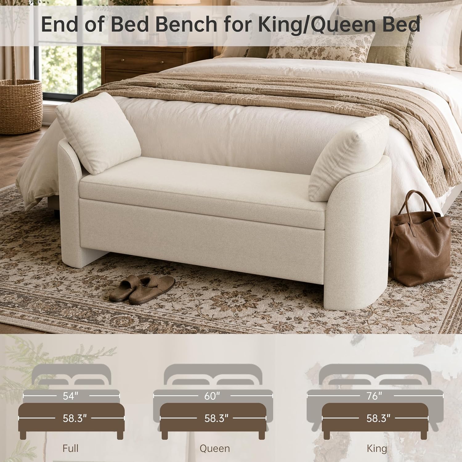 Beige Upholstered Storage Ottoman Bench With Pillows