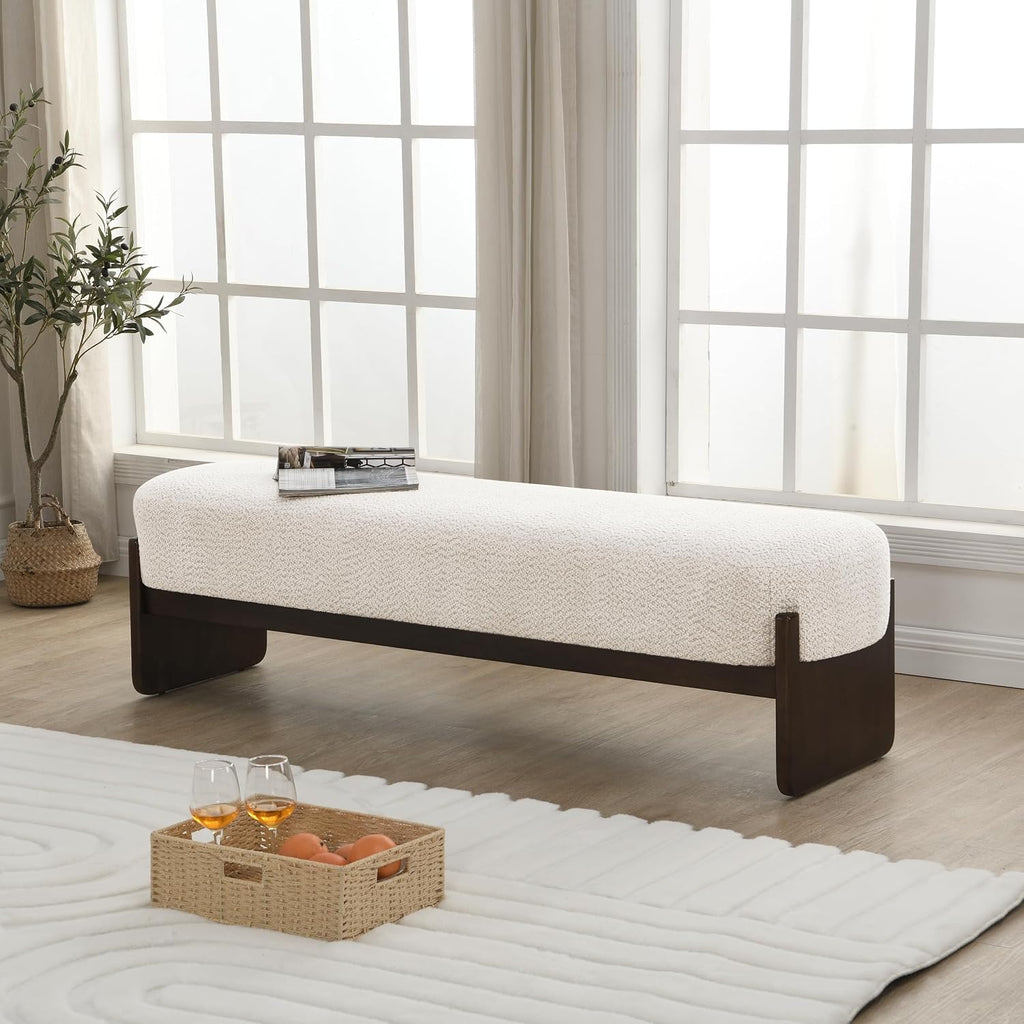 Beige Brown Loop Yarn Minimalist Ottoman Bench