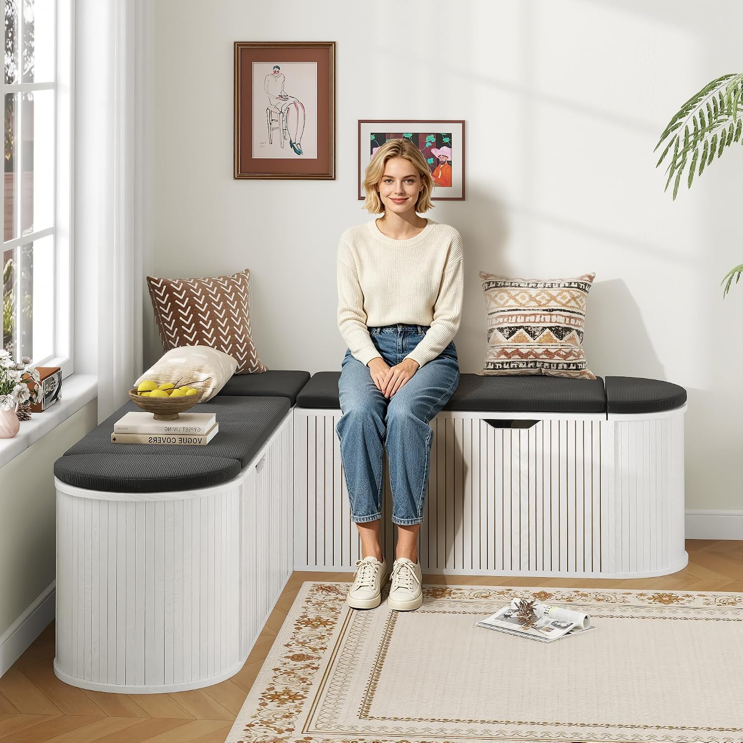 White Mid Century L Shaped Cushioned Storage Nook Bench