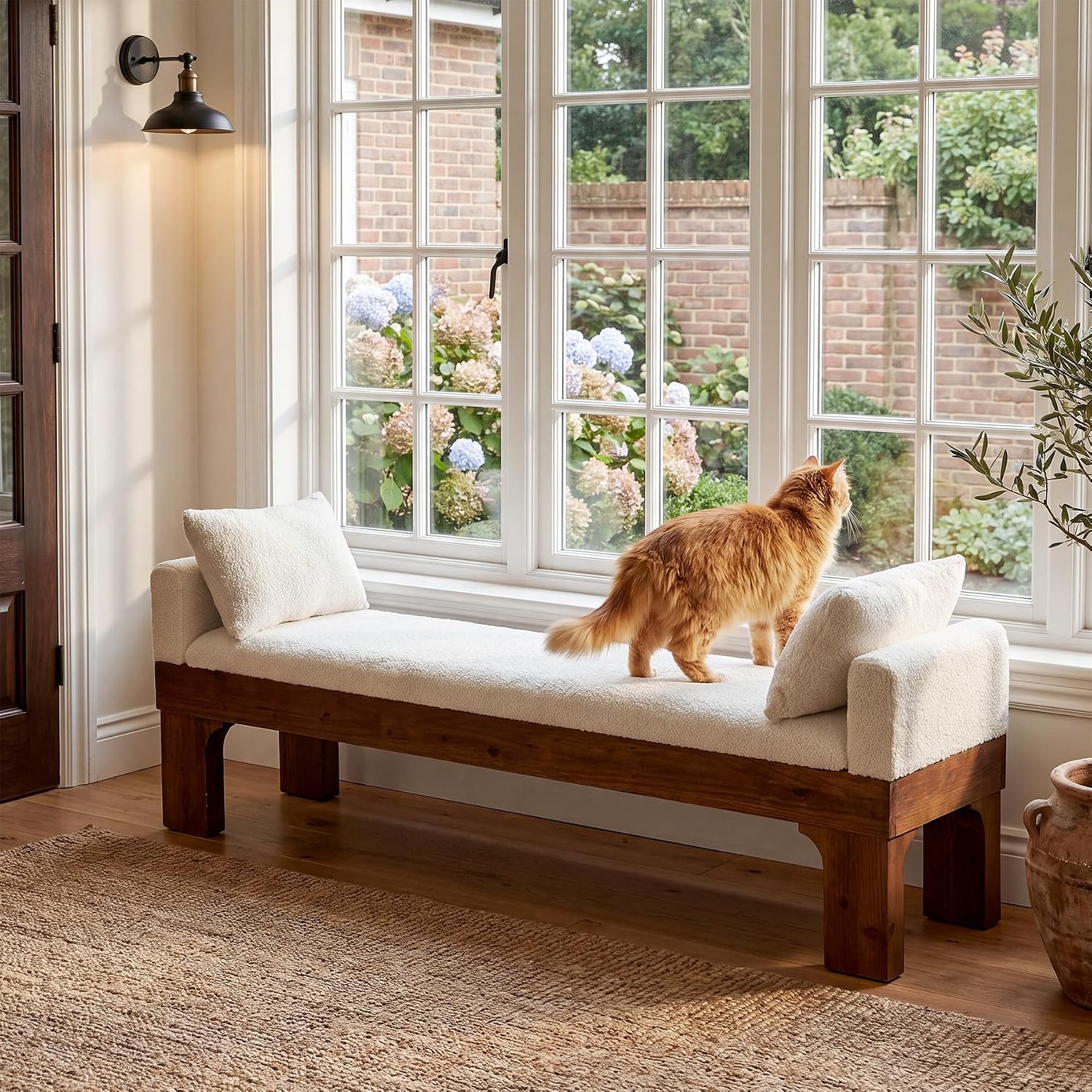 White Boucle Upholstered End of Bed Bench With Pillows