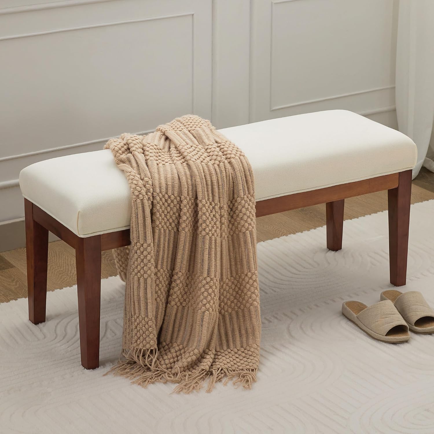 White Linen Upholstered Bench With Wood Legs
