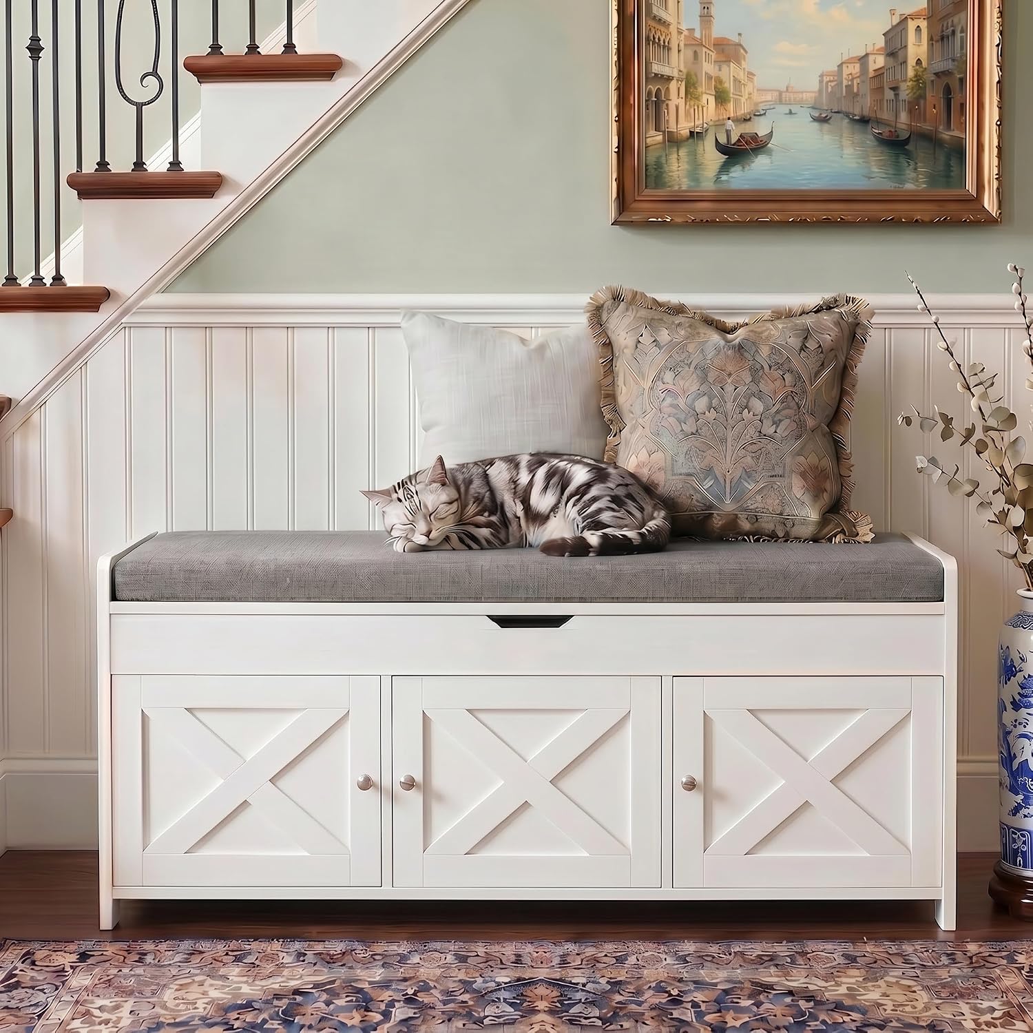 White Farmhouse Shoe Storage Bench With Cushion