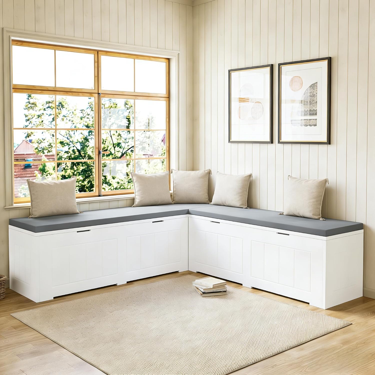 White L Shaped Storage Corner Bench With Cushion