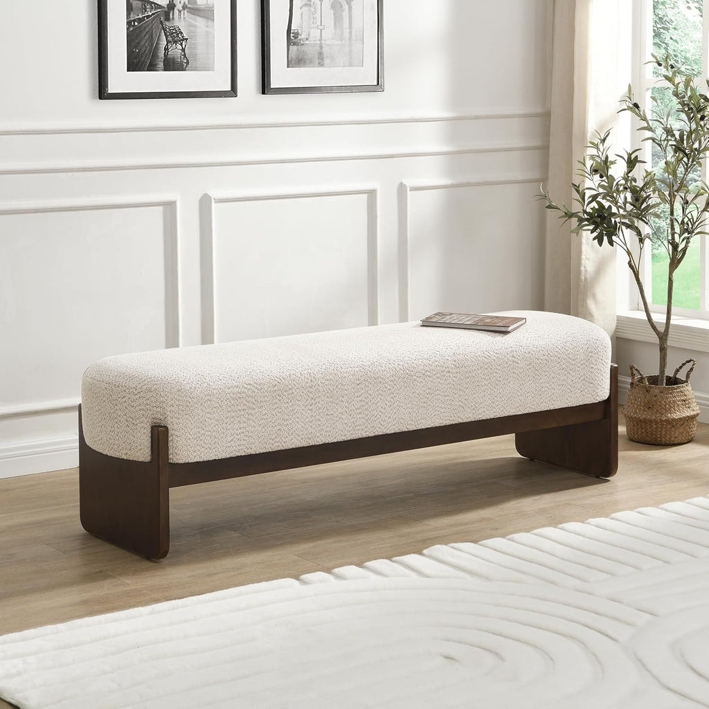 Beige Brown Loop Yarn Minimalist Ottoman Bench