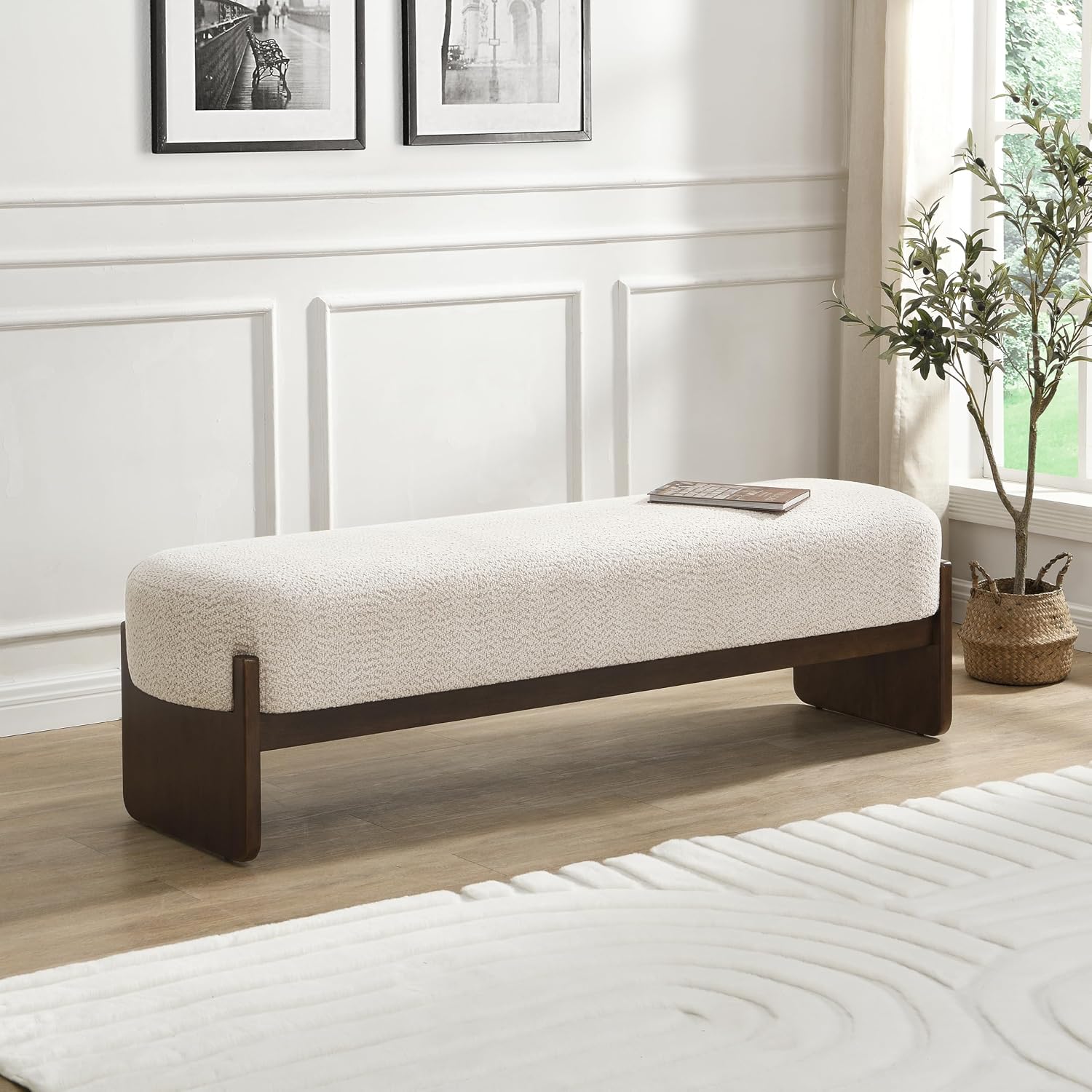 Beige Brown Loop Yarn Minimalist Ottoman Bench