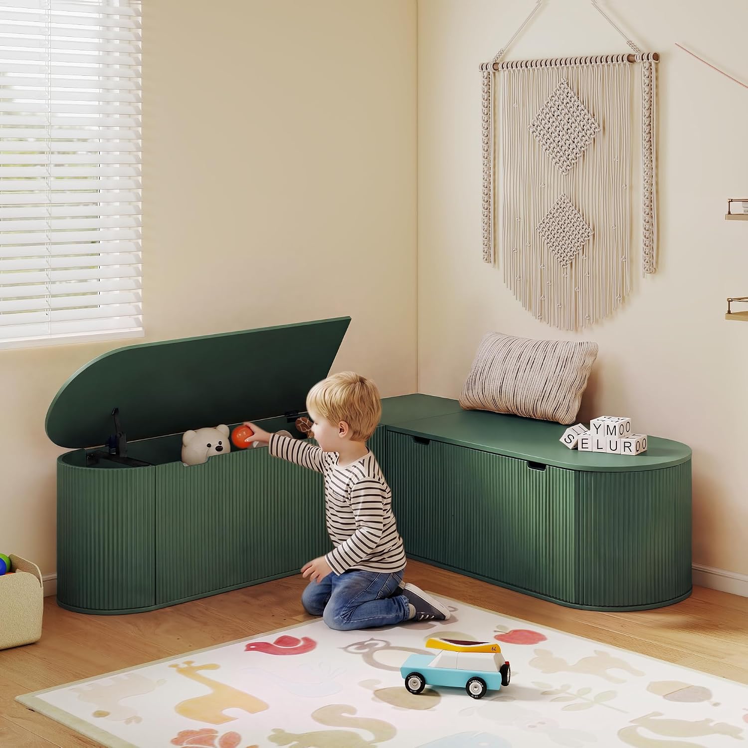 Green Fluted L Shaped Storage Breakfast Nook Bench
