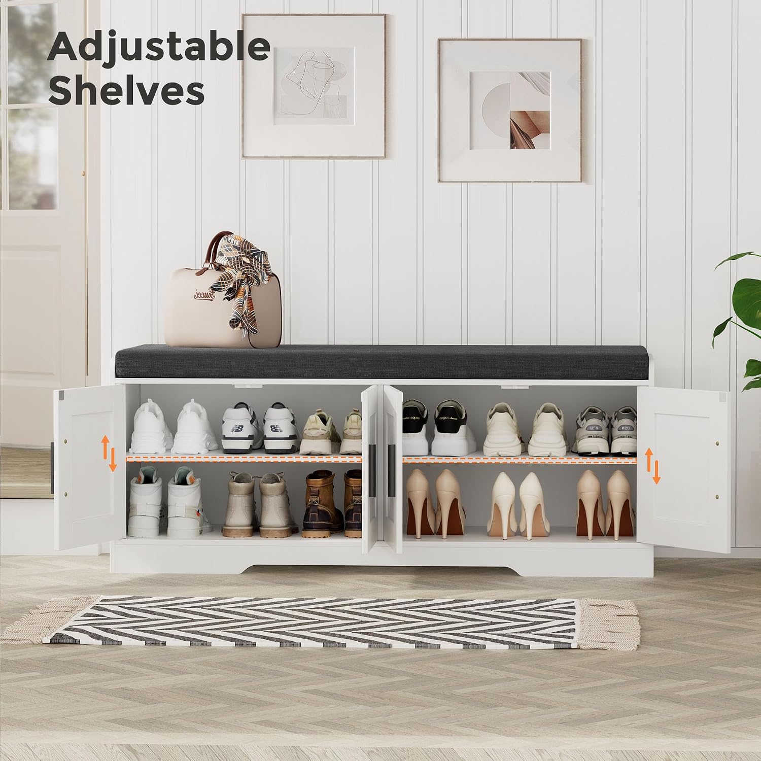 White Shoe Storage Bench With Padded Seat & 4 Doors