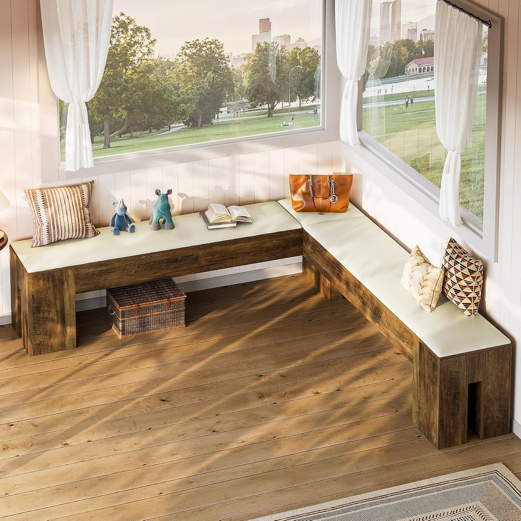 White Brown Farmhouse L Shaped Cushioned Nook Bench