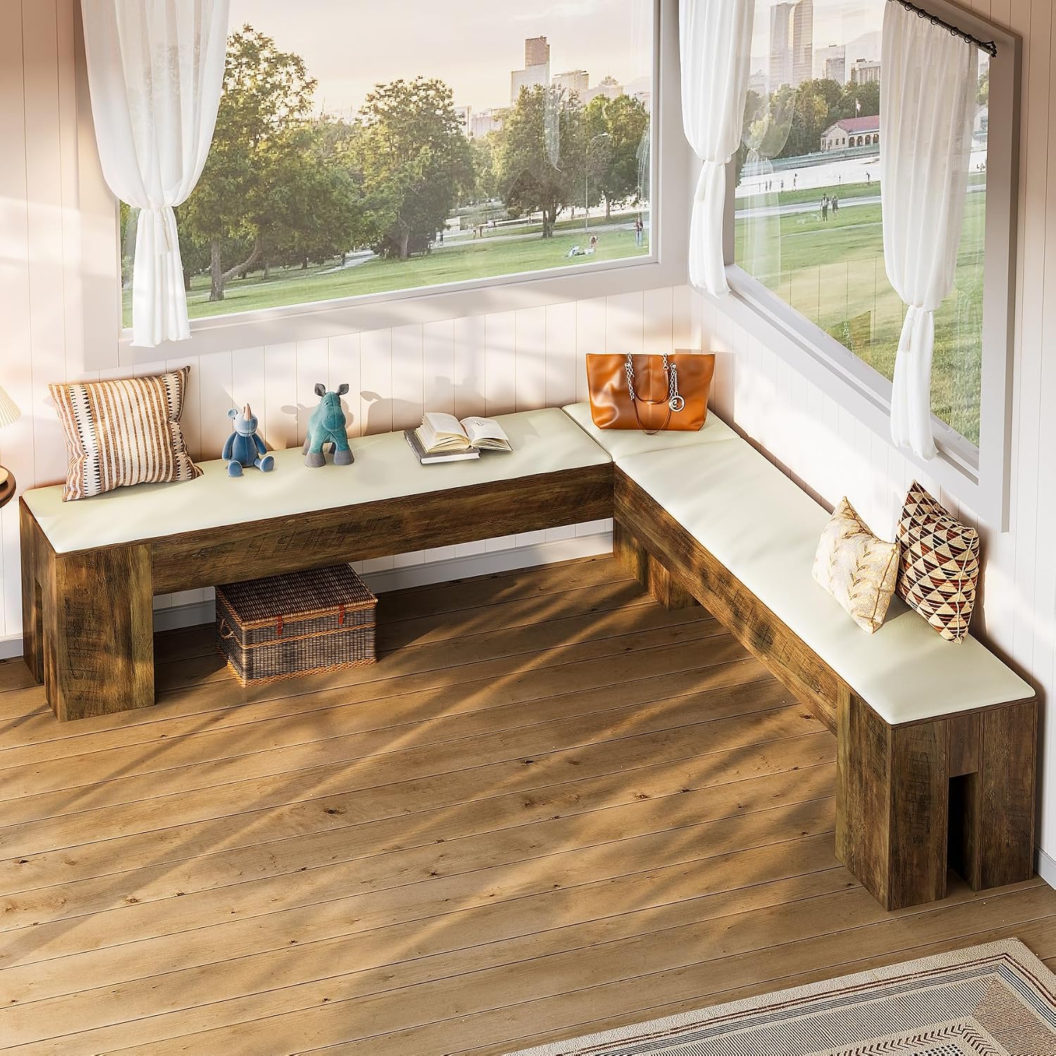 White Brown Farmhouse L Shaped Cushioned Nook Bench