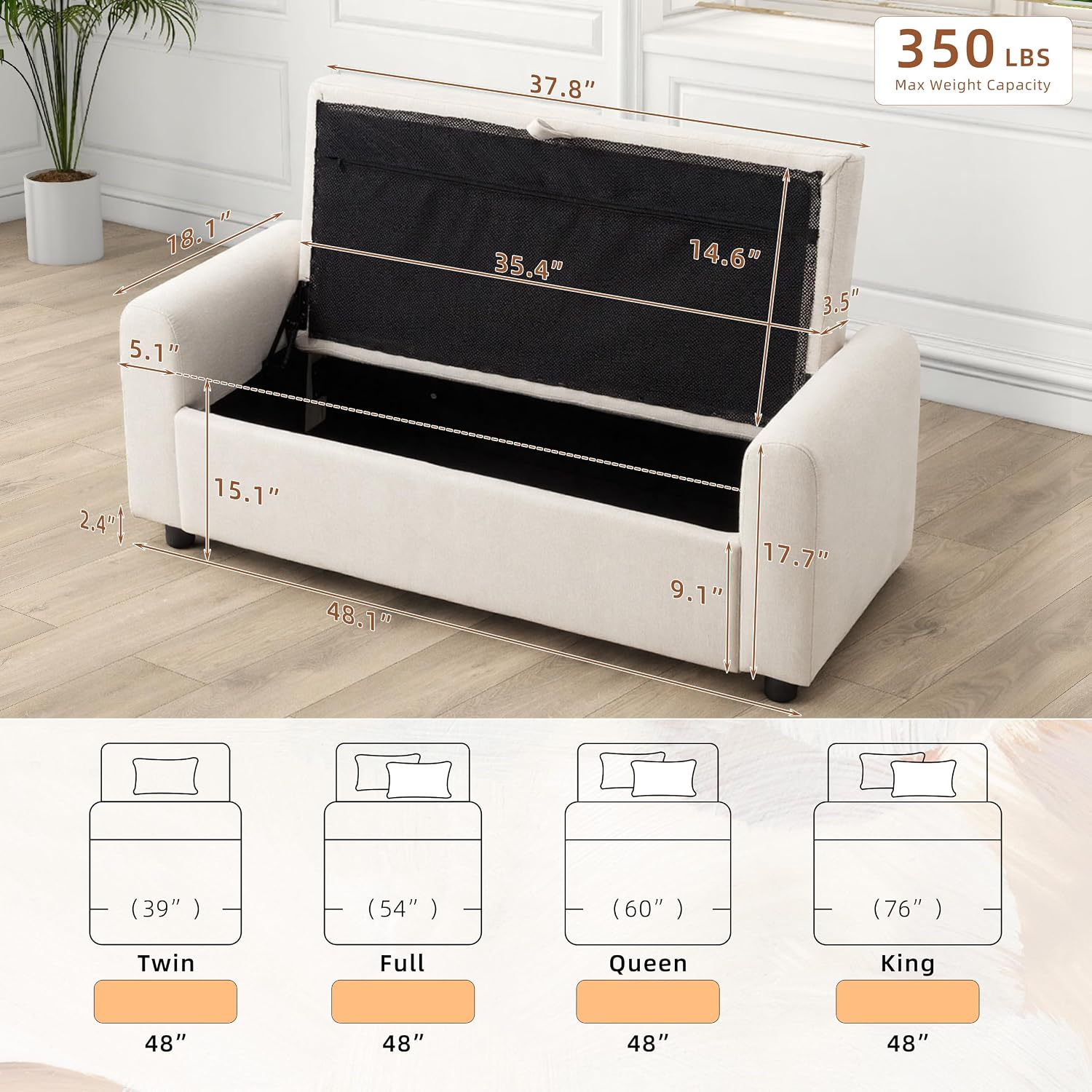 Beige Tufted Storage Ottoman Bench With Arm
