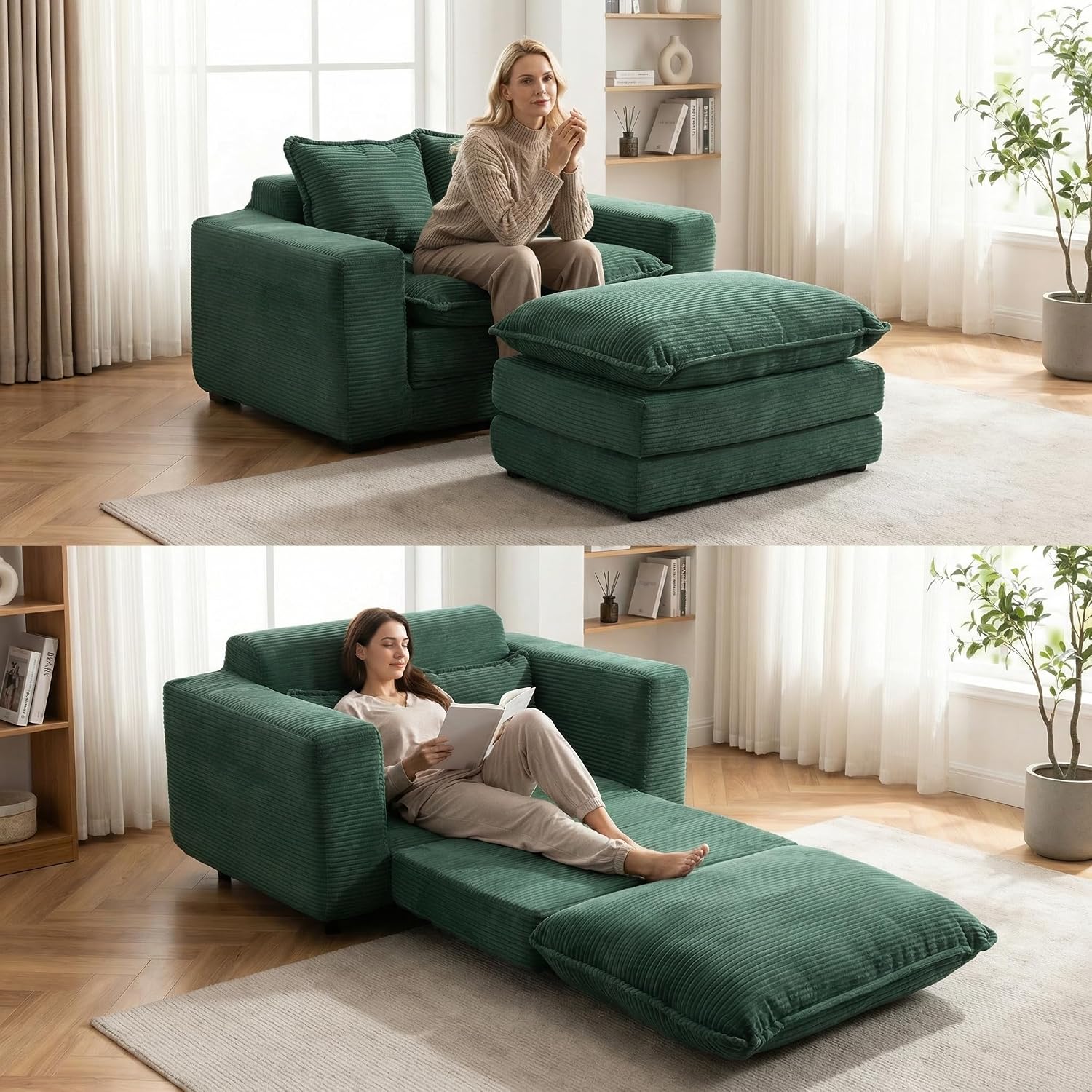 Green Corduroy 3-in-1 Sofa Bed Ottoman