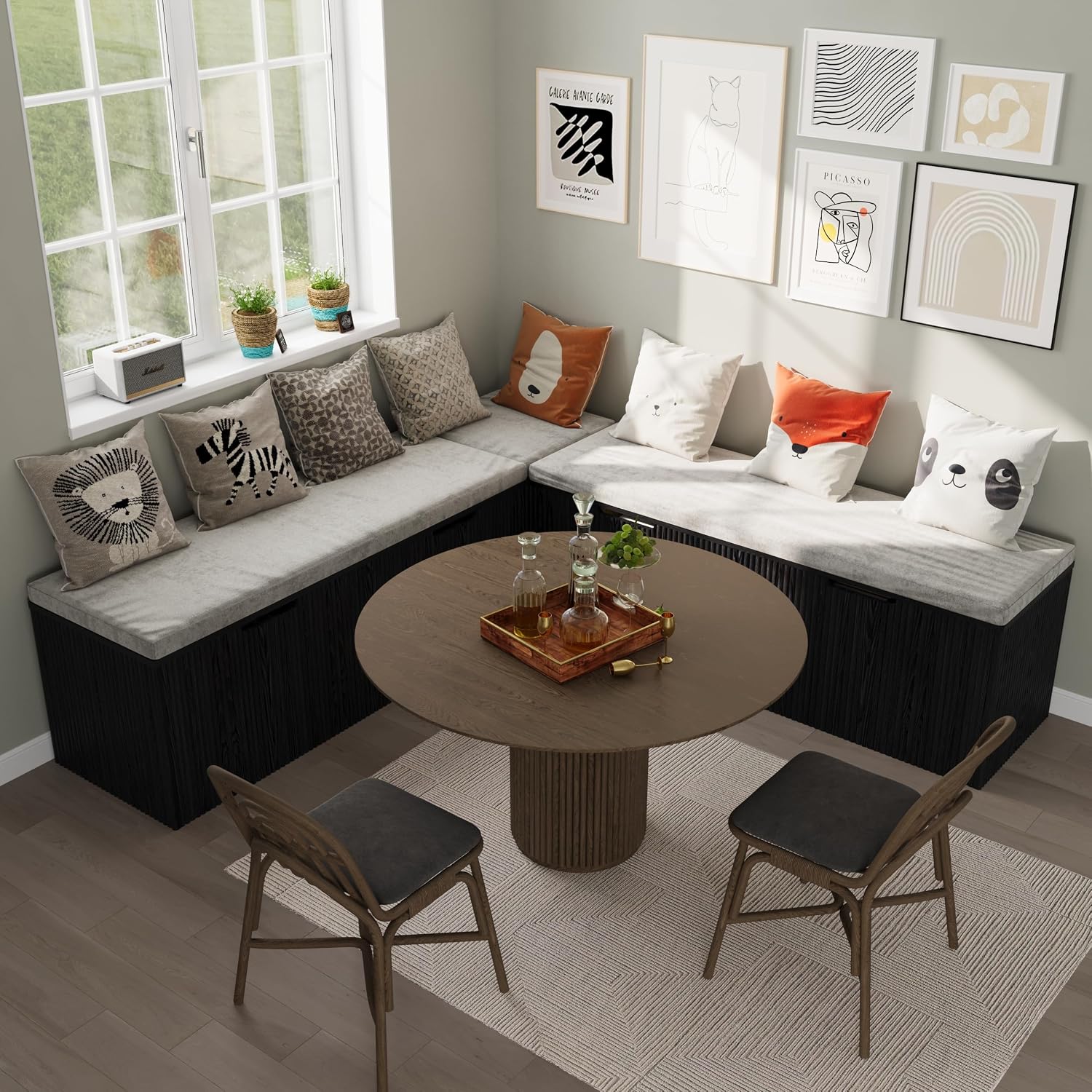 Black L Shaped Cushioned Storage Nook Bench