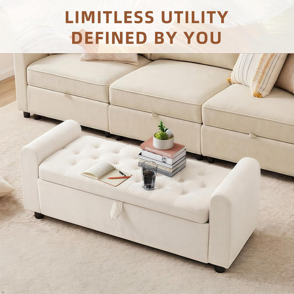 Beige Tufted Storage Ottoman Bench With Arm