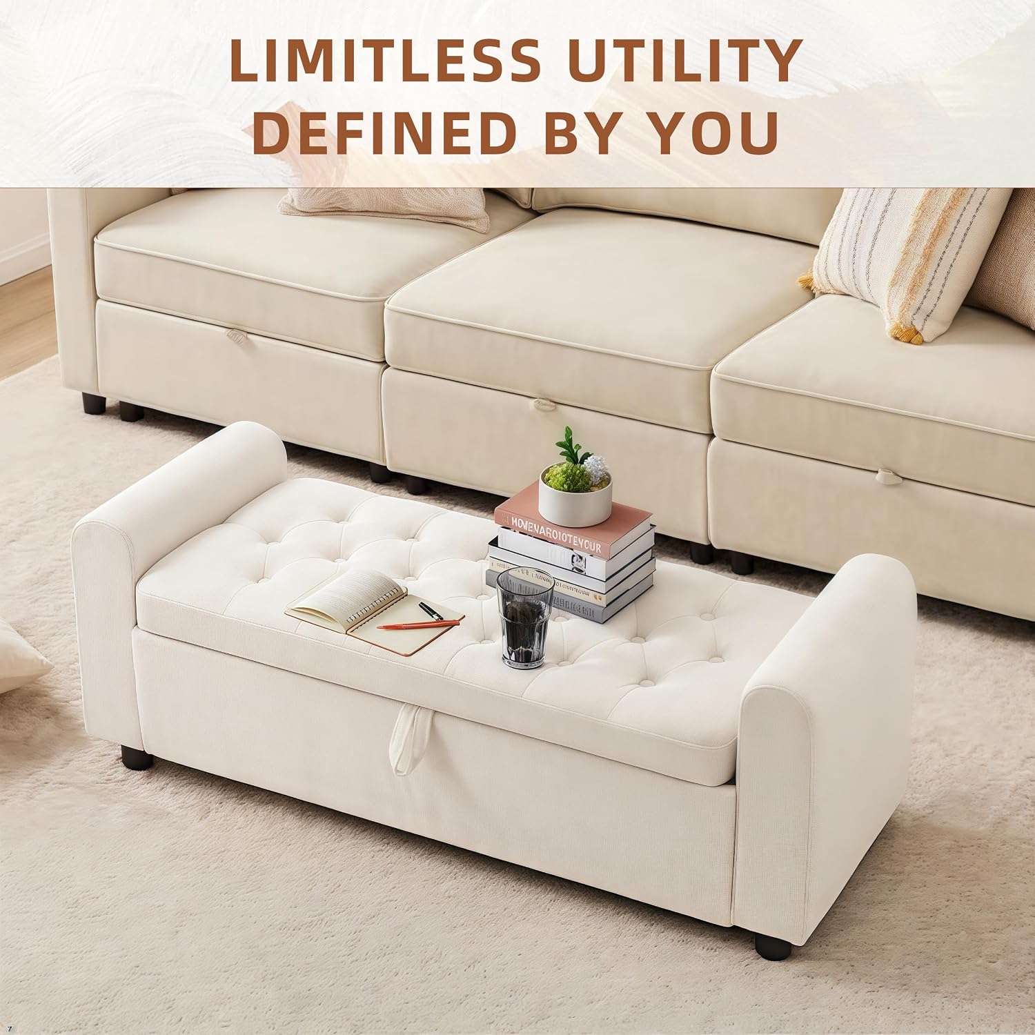 Beige Tufted Storage Ottoman Bench With Arm