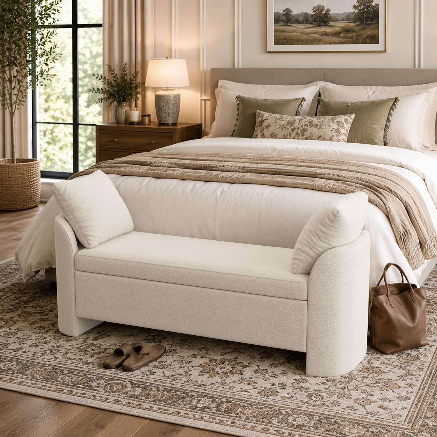 Beige Upholstered Storage Ottoman Bench With Pillows