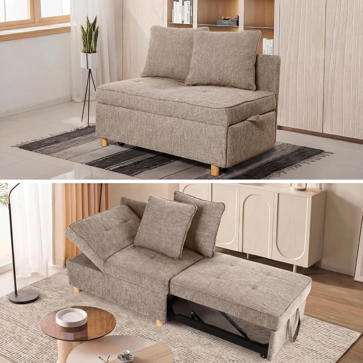 Brown Grey Linen 4-in-1 Convertible Sofa